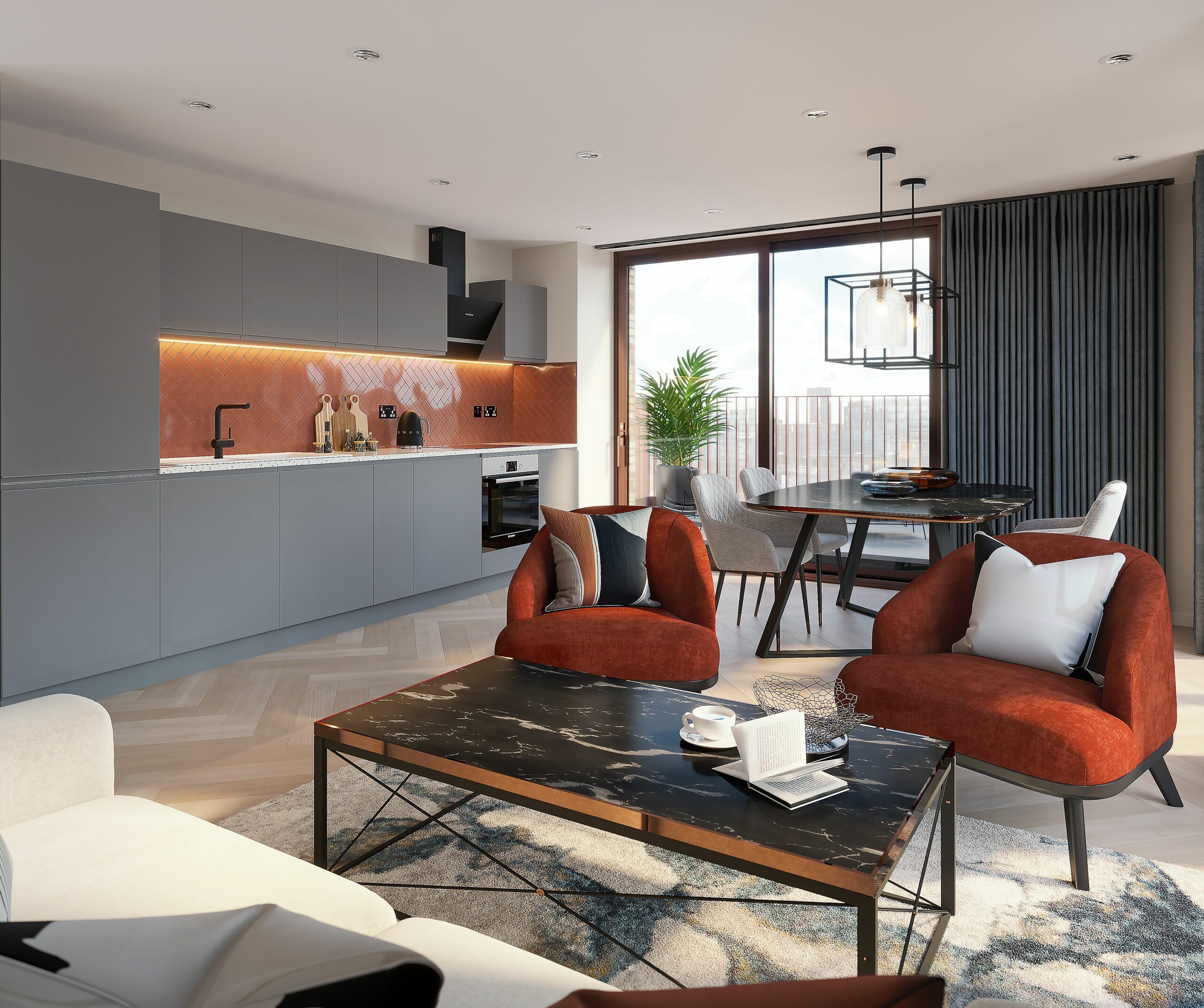 interior kitchen diner and lounge 3d cgi visualisation 