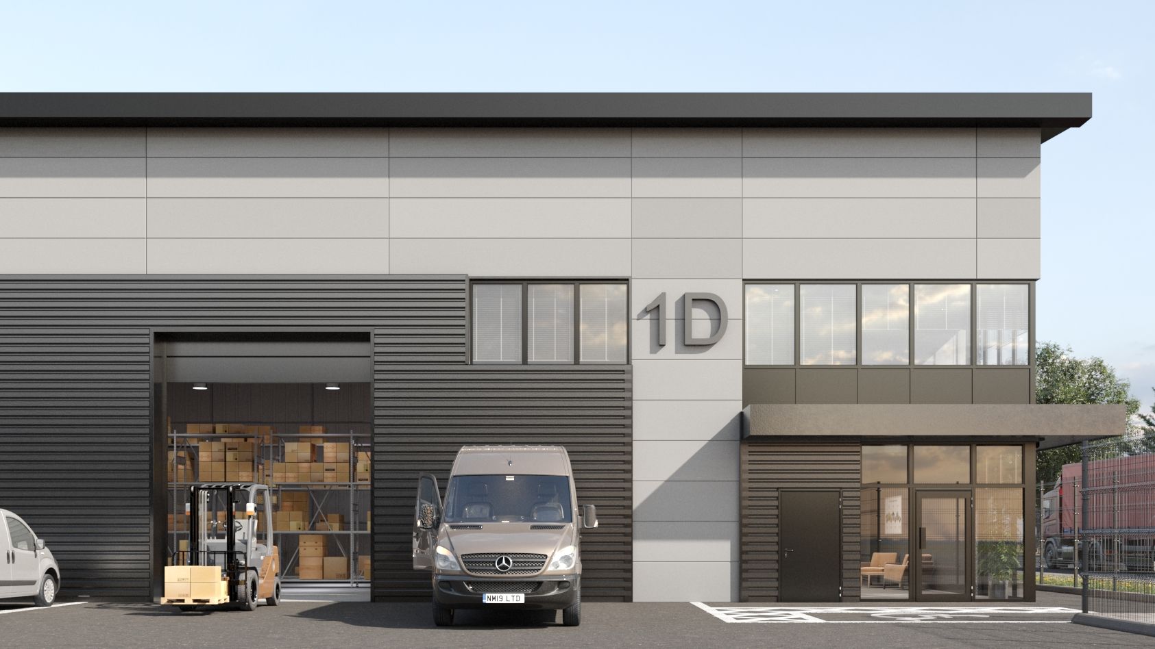eye level head on perspective logistics and industrial unit warehouse exterior cgi 3d visualisation