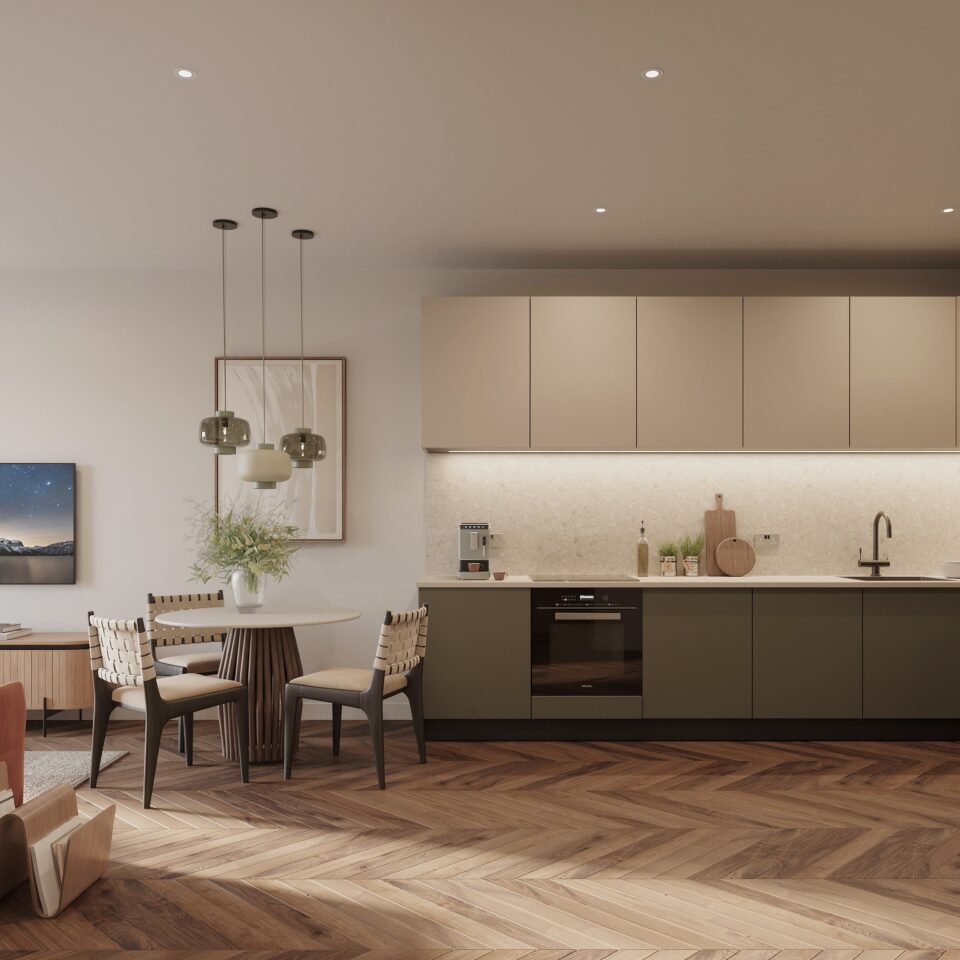 wide angle kitchen lounge cgi interior visualisation design 3d manchester city centre viridian duncan st prestbury advisory