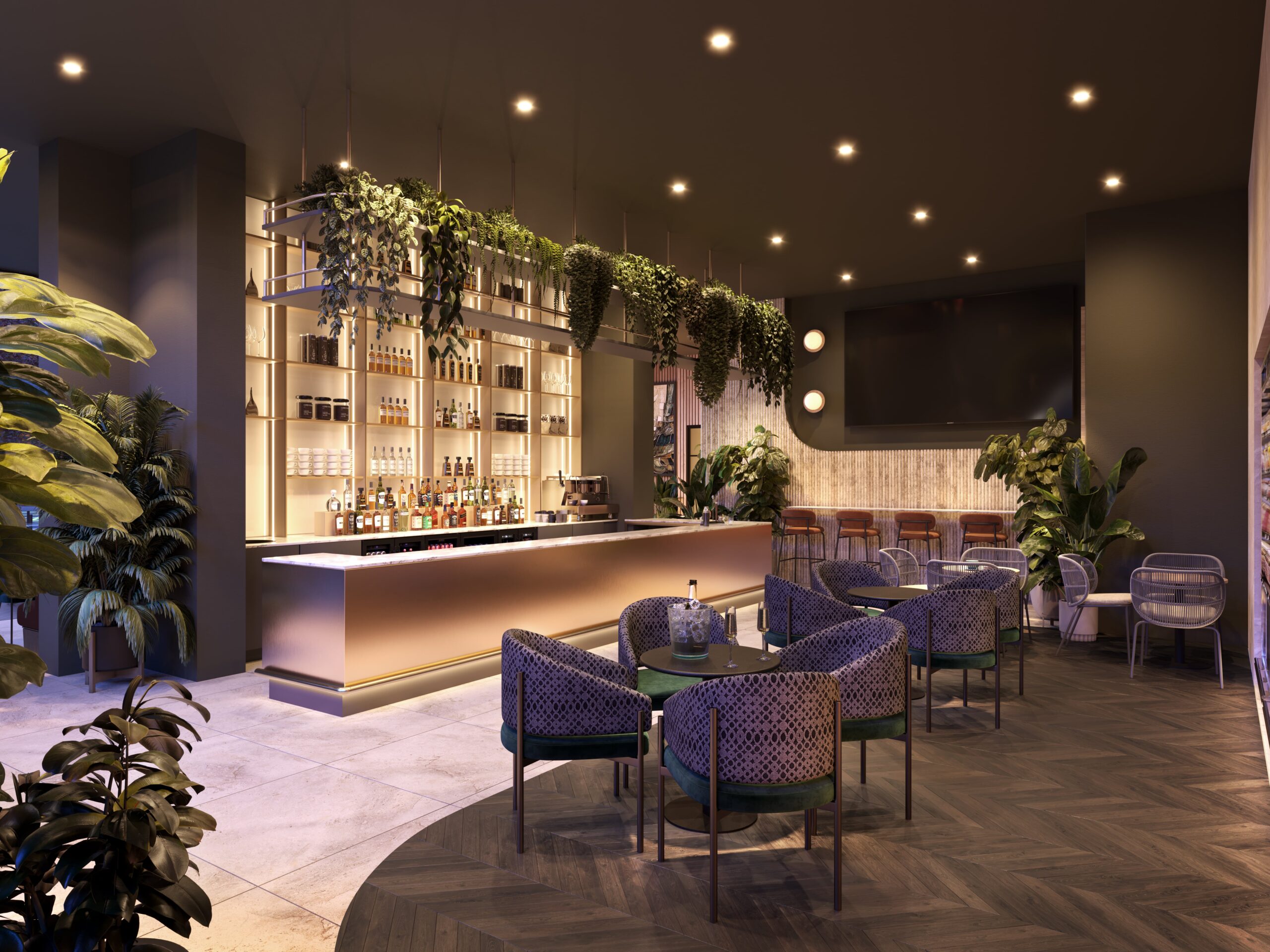 coffee bar night dusk shot interior visualisation cgi 3d render manchester city centre trendy urban