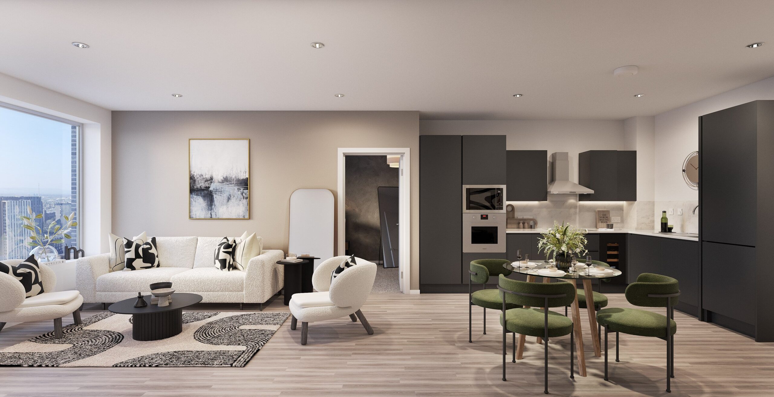one victoria zentra group manchester city centre open space living kitchen diner CGI