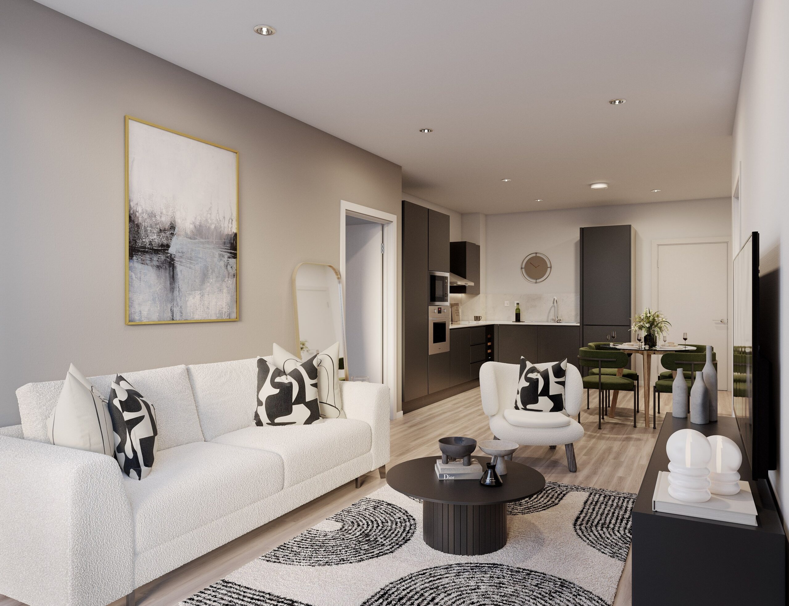 one victoria zentra group manchester city centre open space living kitchen diner CGI