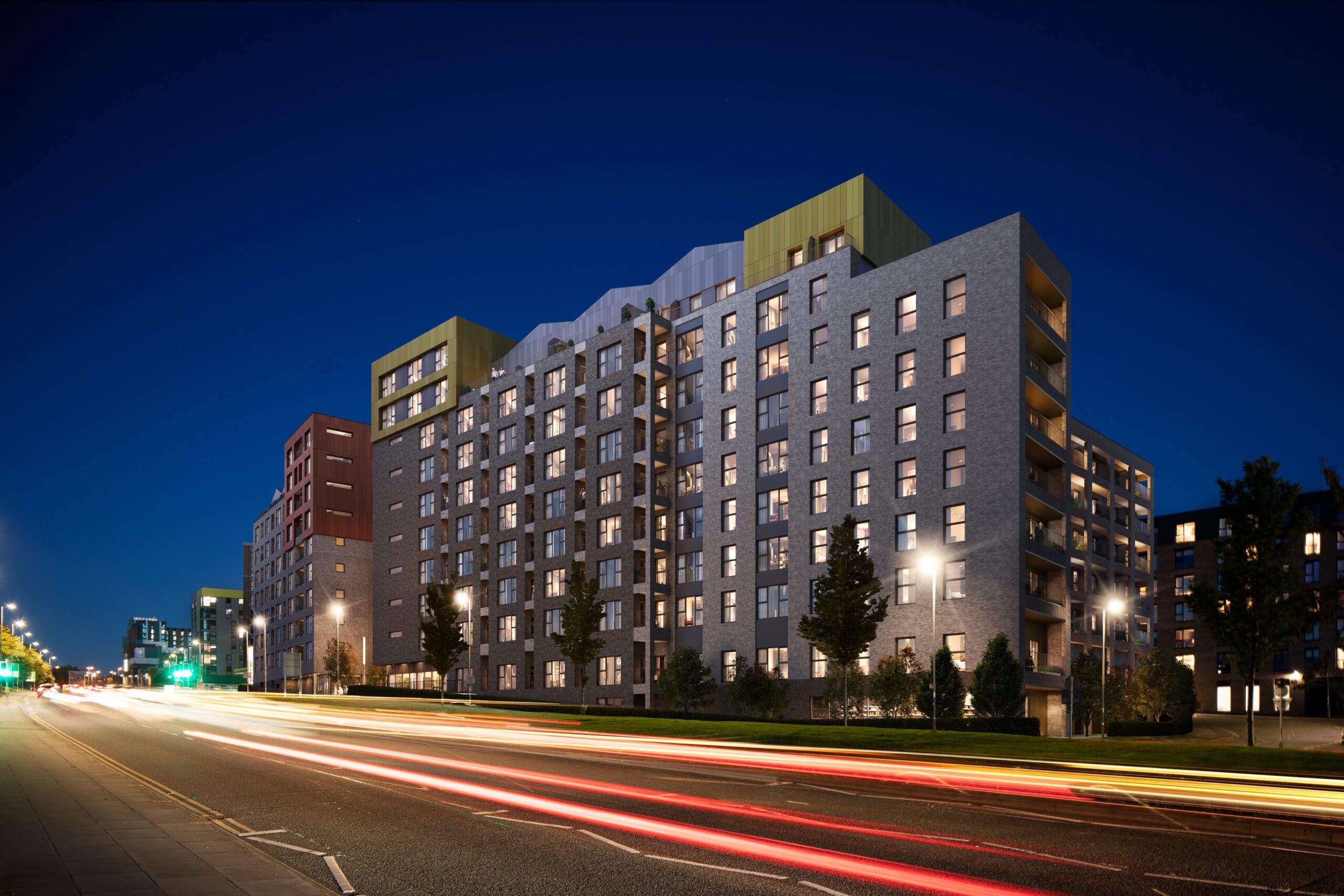 Abbey Row, Liverpool city centre, exterior hero cgi dusk