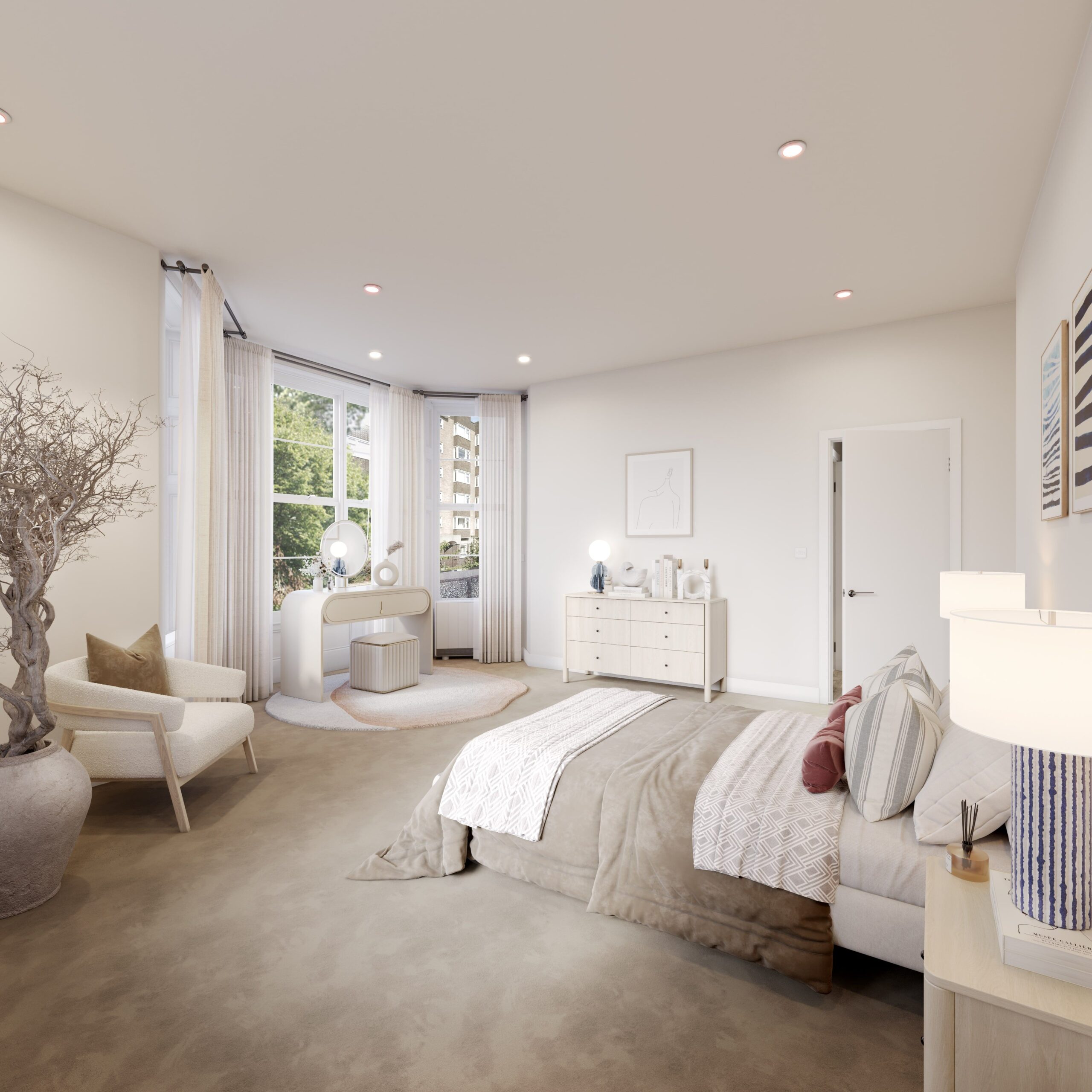 Interior CGI visualisation of a spacious bedroom at The Esperance in Eastbourne, featuring neutral furnishings, soft beige tones, a dressing table and large sash windows.