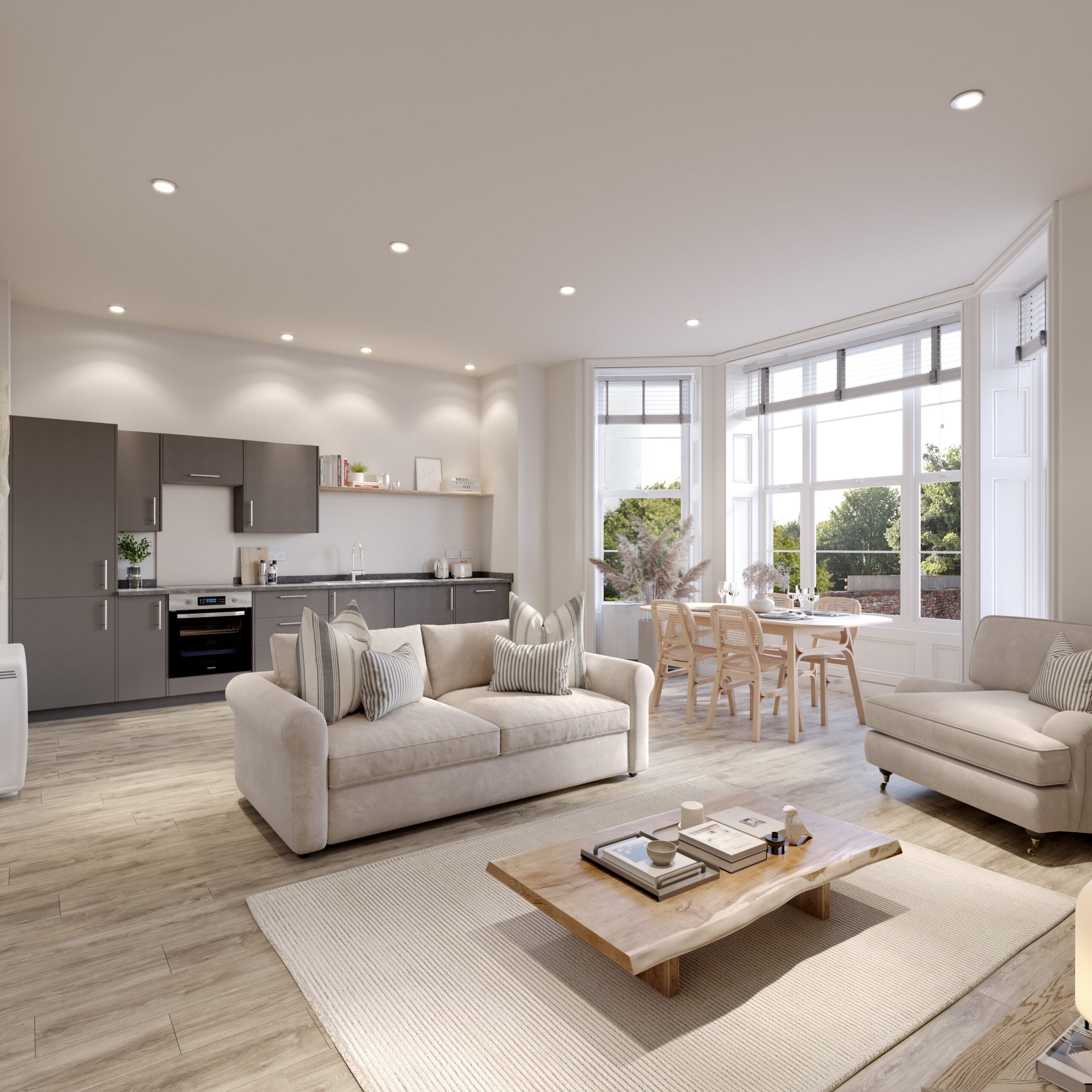 Architectural interior CGI of an open-plan living, kitchen and dining space at The Esperance in Eastbourne, featuring neutral sofas, natural wood finishes and large bay windows.