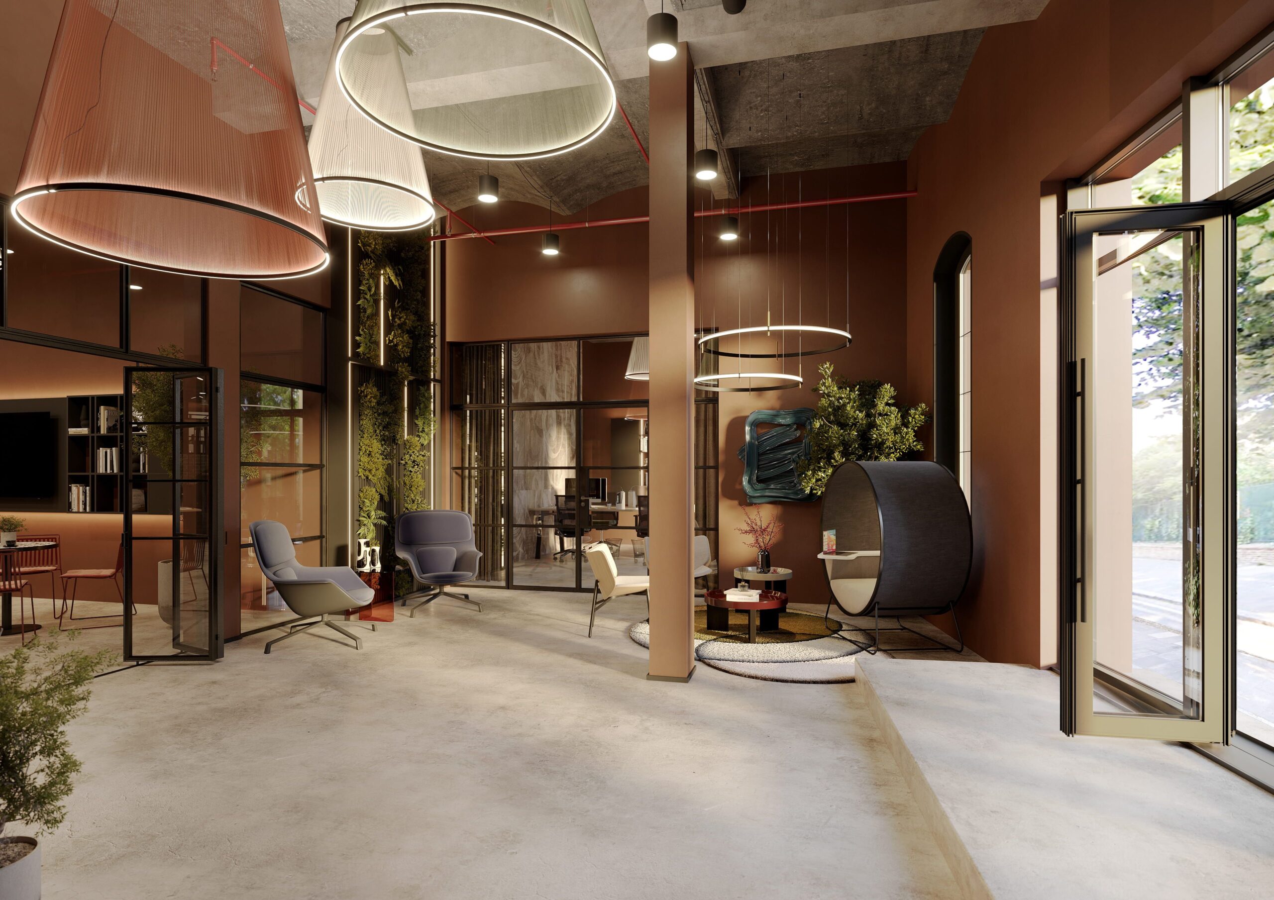 &Soul interior workspace entrance cgi in Shoreditch London