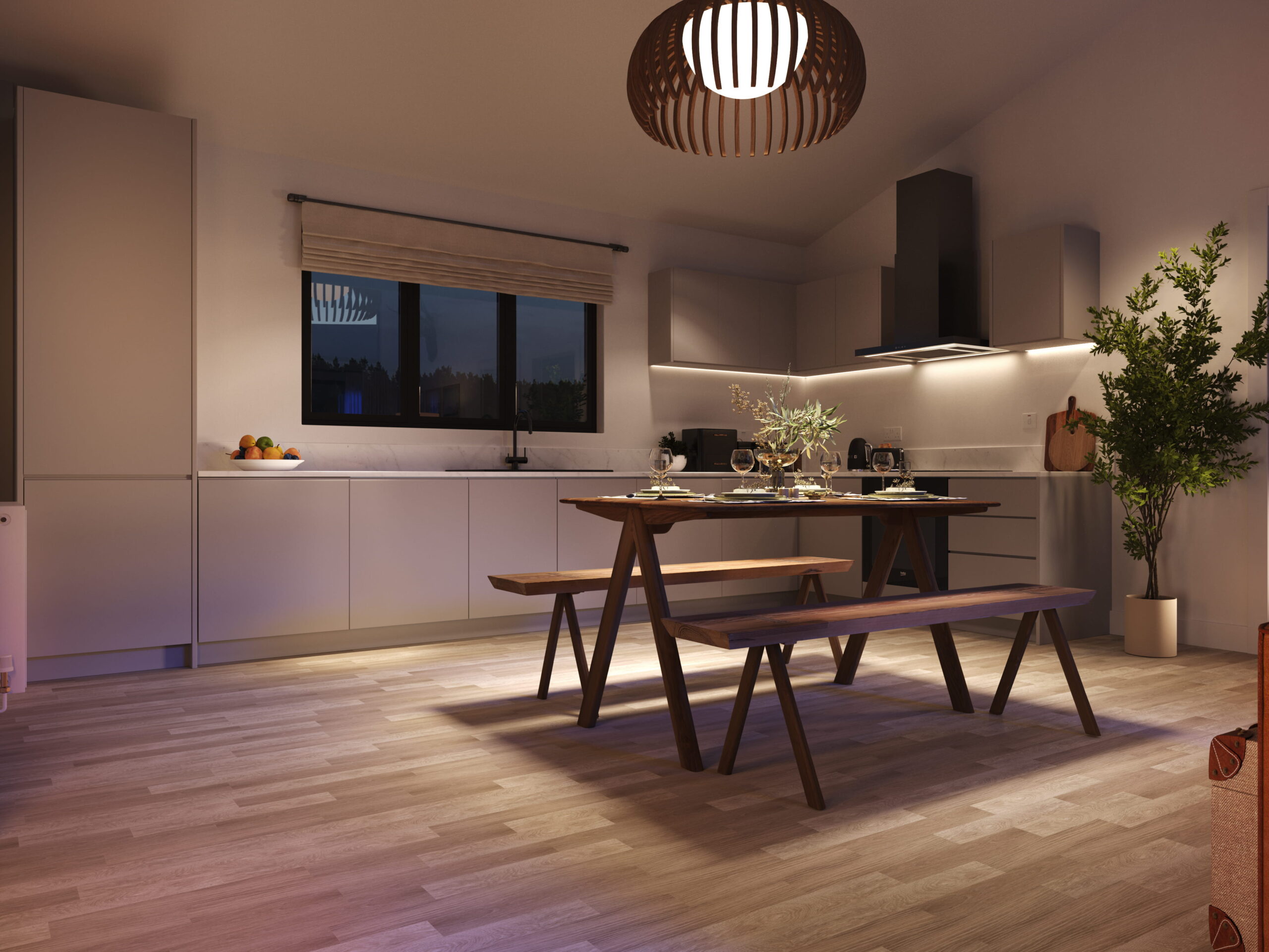 Loch Ness luxury lodges interior kitchen space dusk cgi