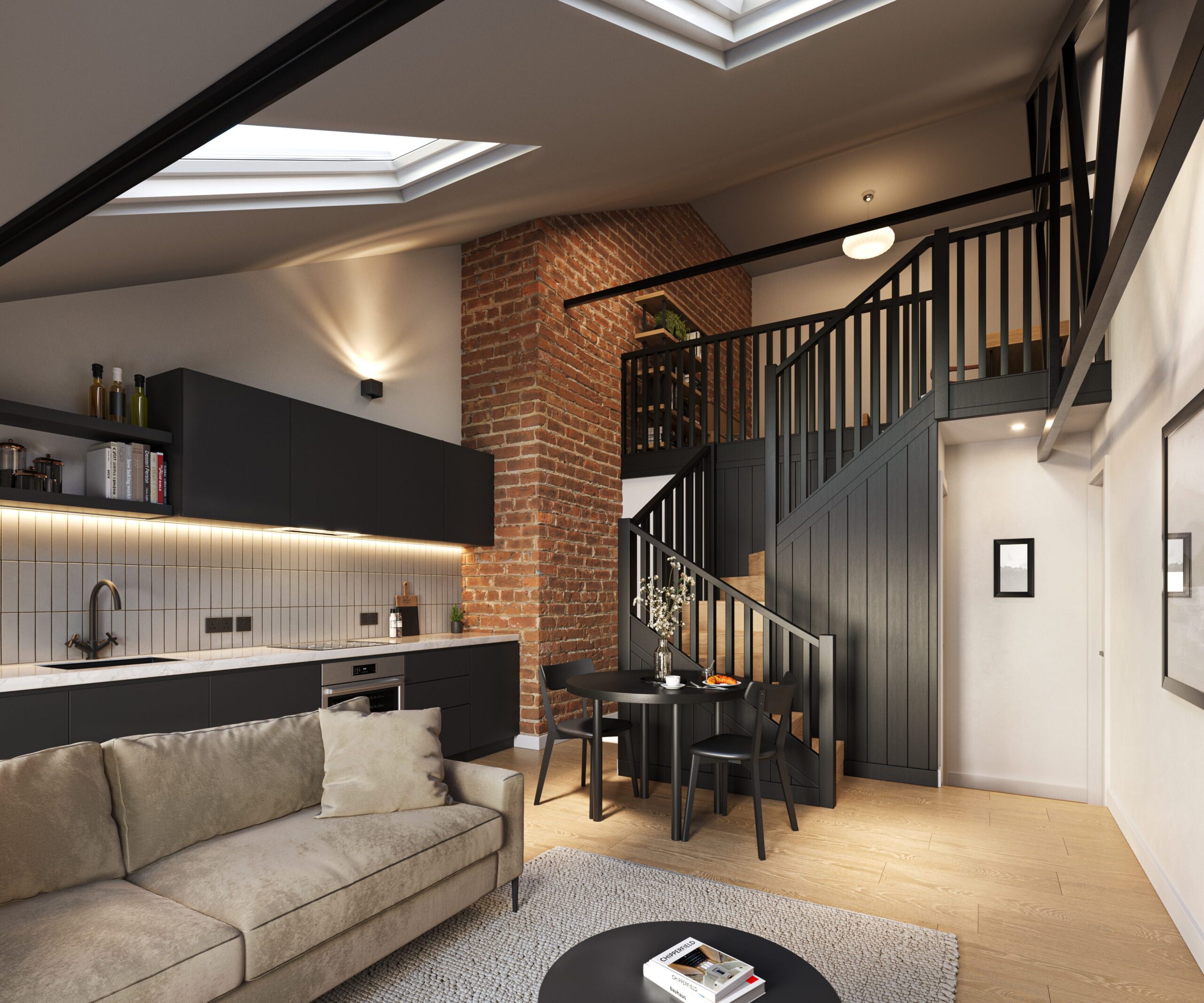 Interior Living and Kitchen Space CGI for apartment development in Manchester