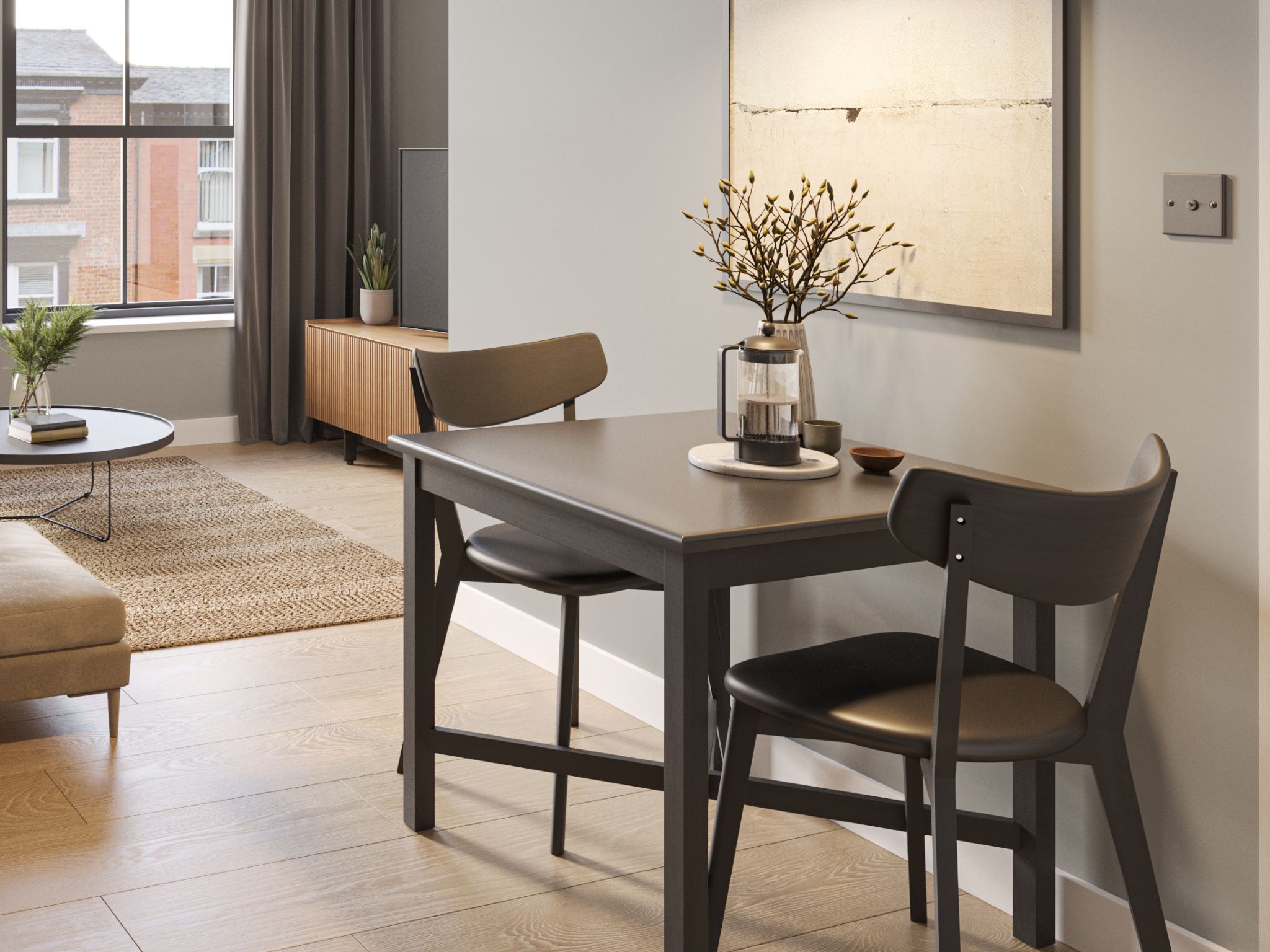 Interior Living and Kitchen Space CGI for apartment development in Manchester