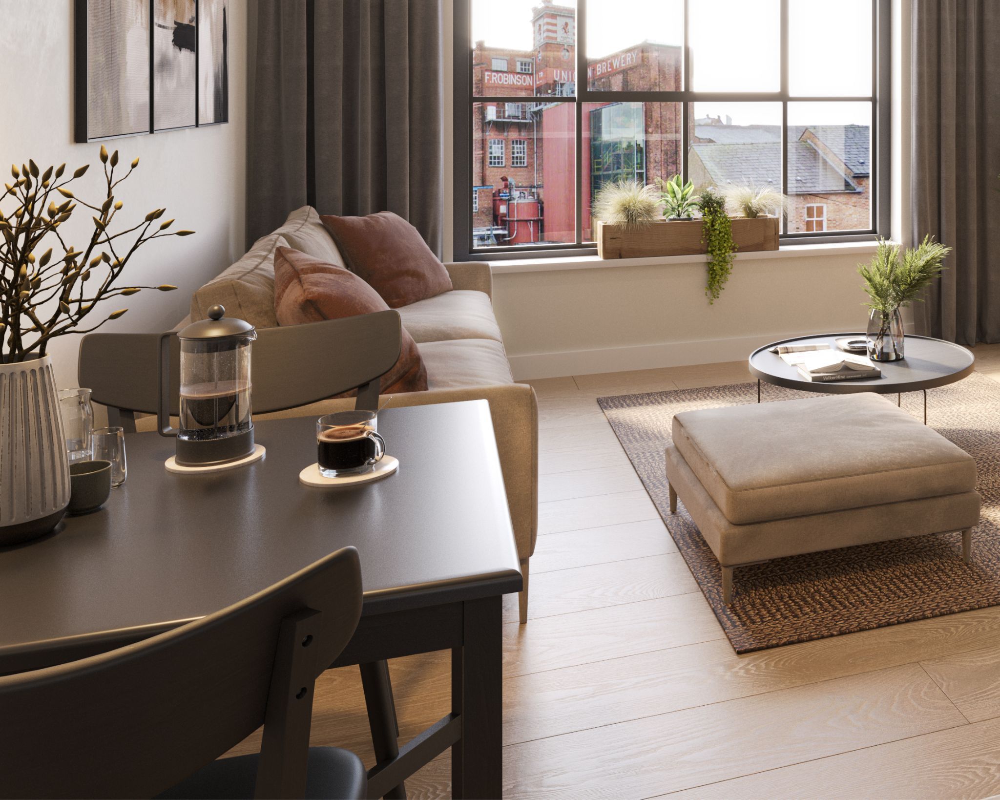 Interior Living and Kitchen Space CGI for apartment development in Manchester