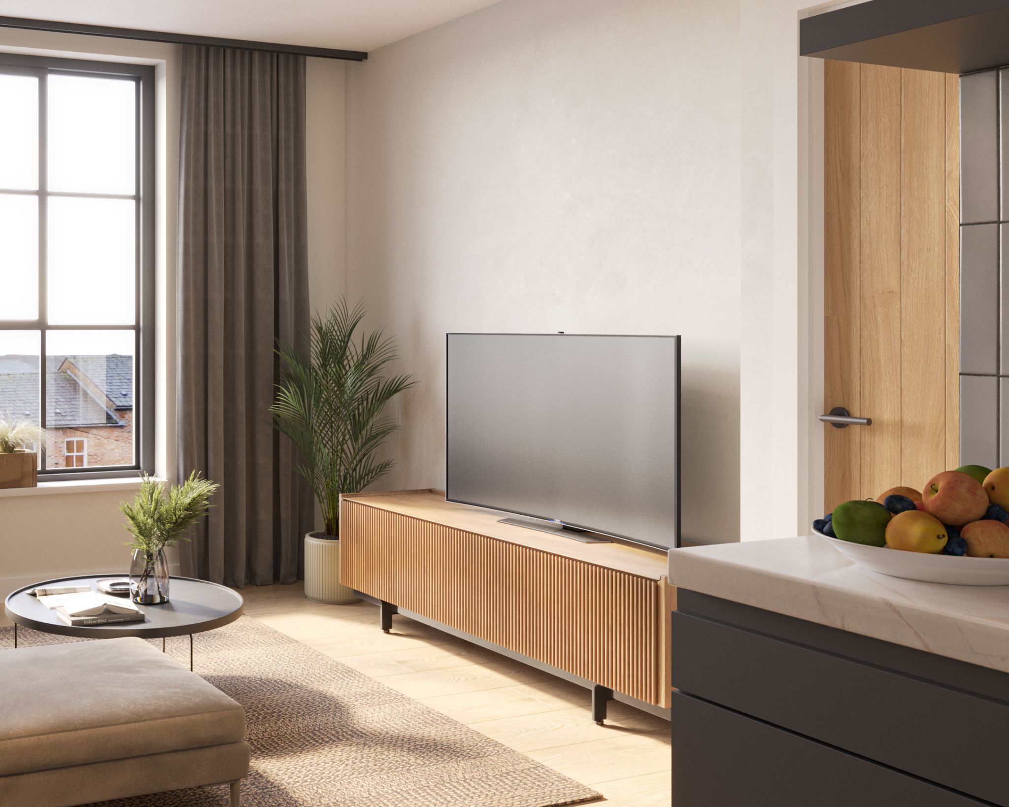 Interior Living and Kitchen Space CGI for apartment development in Manchester