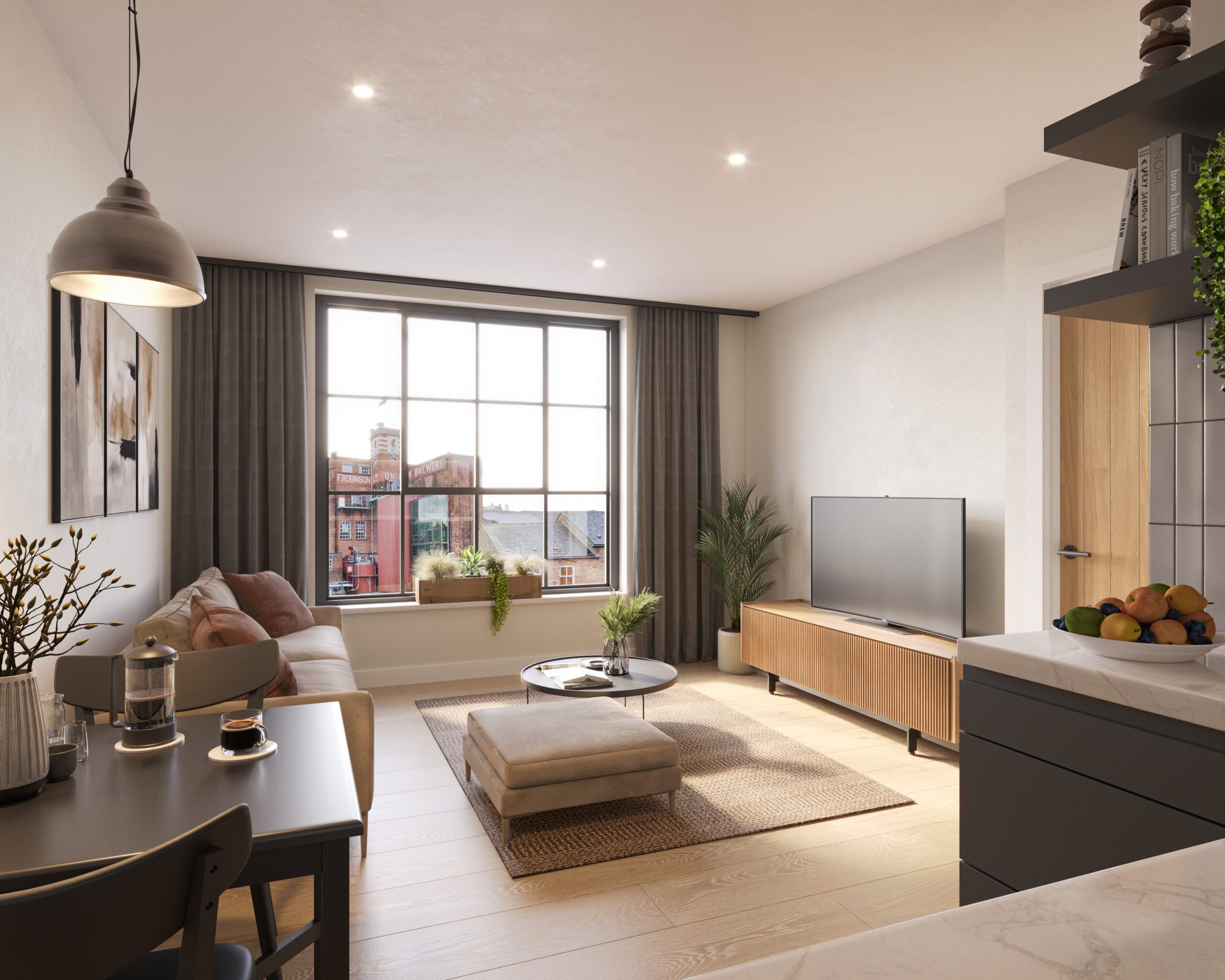Interior Living and Kitchen Space CGI for apartment development in Manchester