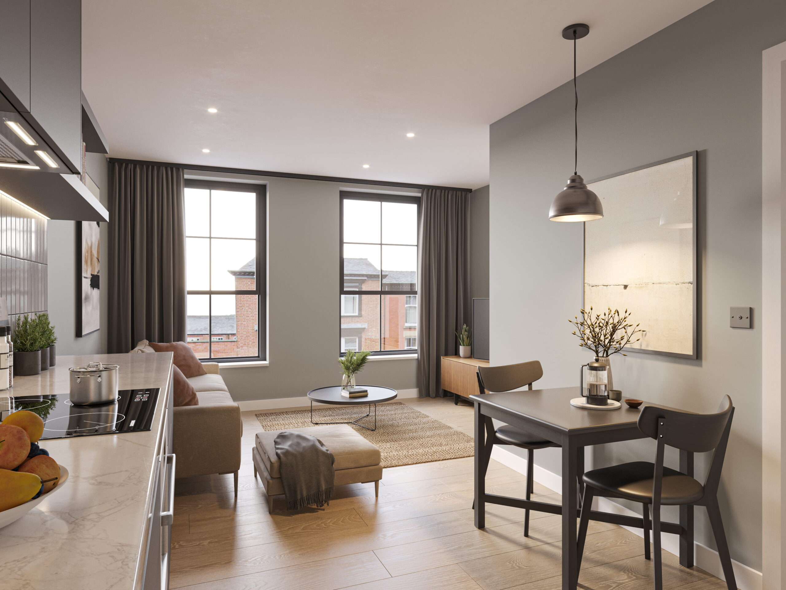 Interior Living and Kitchen Space CGI for apartment development in Manchester