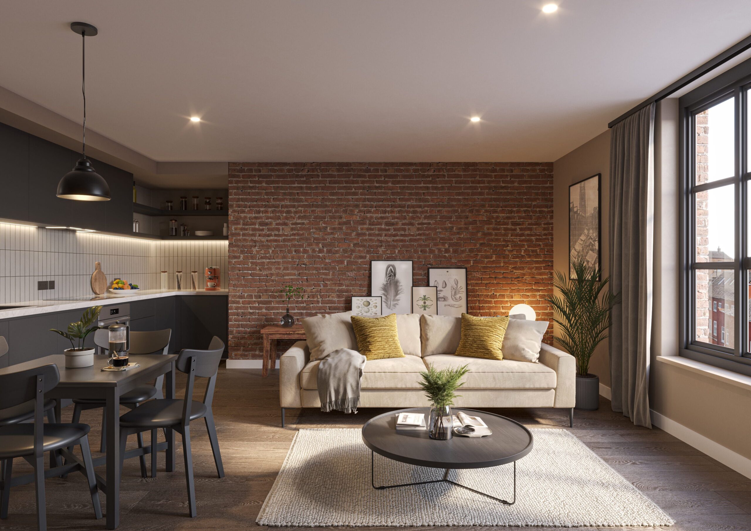 Interior Living and Kitchen Space CGI for apartment development in Manchester