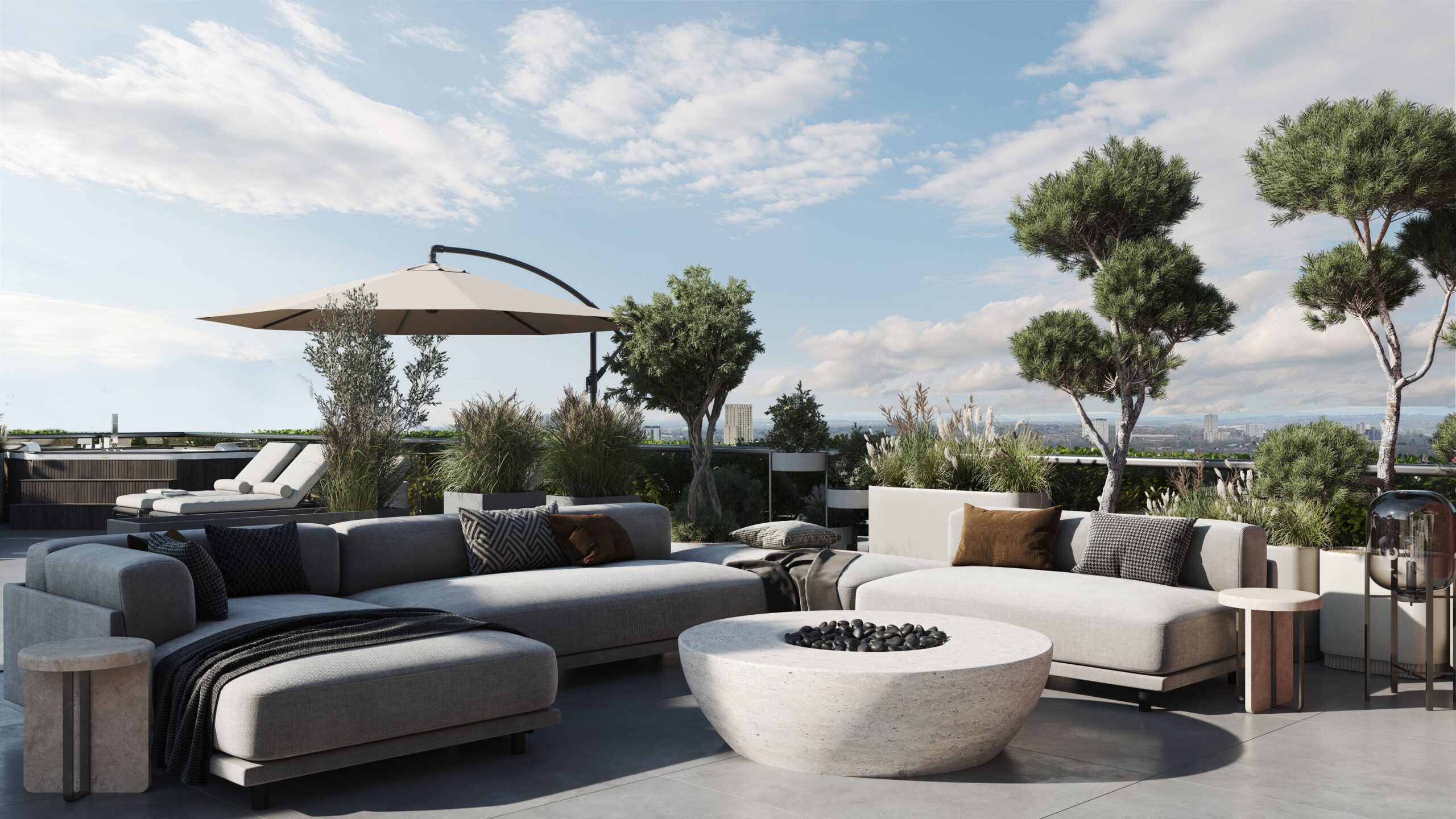 CGI of the rooftop terrace at Vivere Residences with outdoor lounge seating, landscaped planting and panoramic city views.