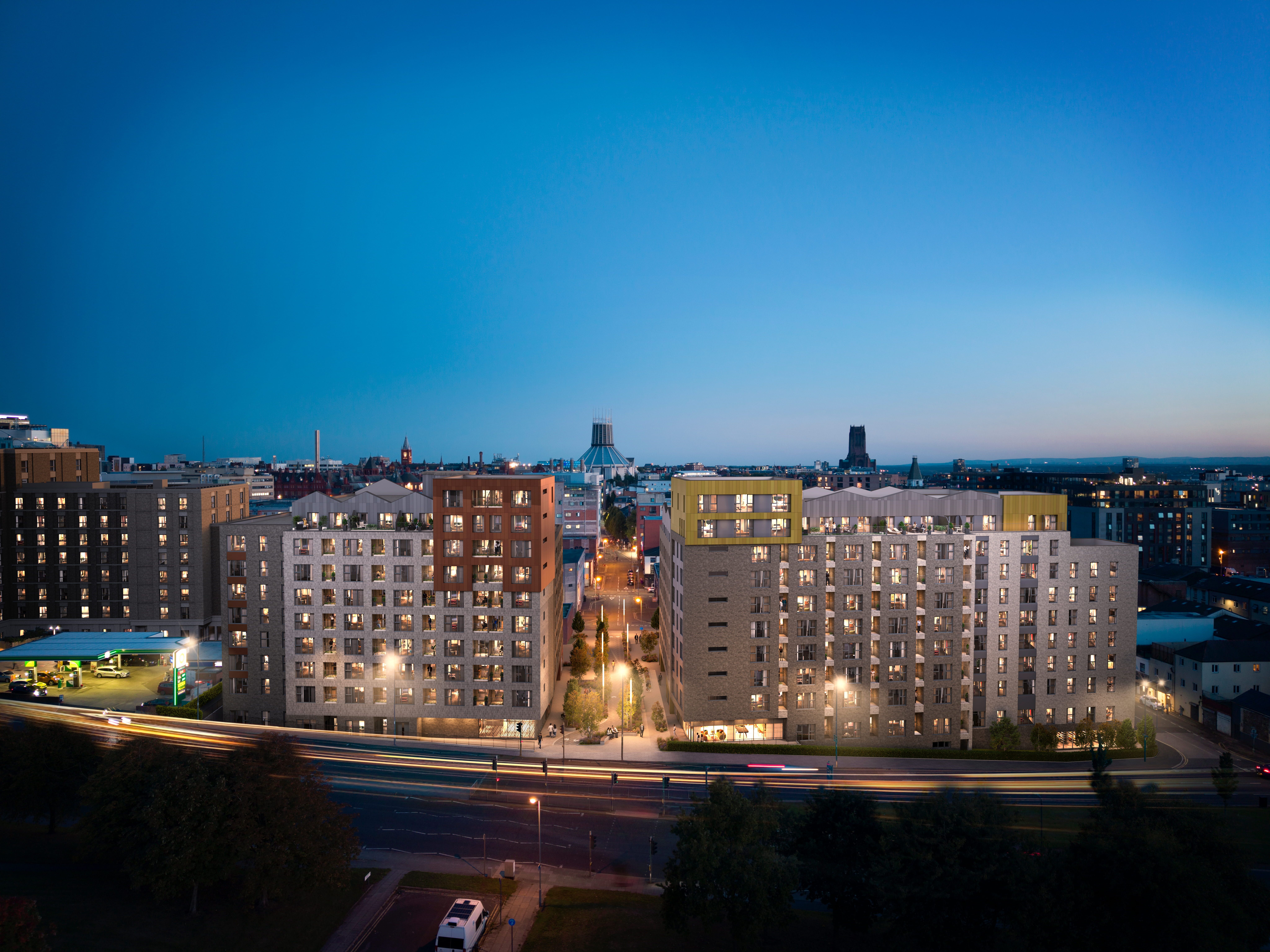 Aerial night-time CGI of the Abbey Row development and surrounding Liverpool city skyline.