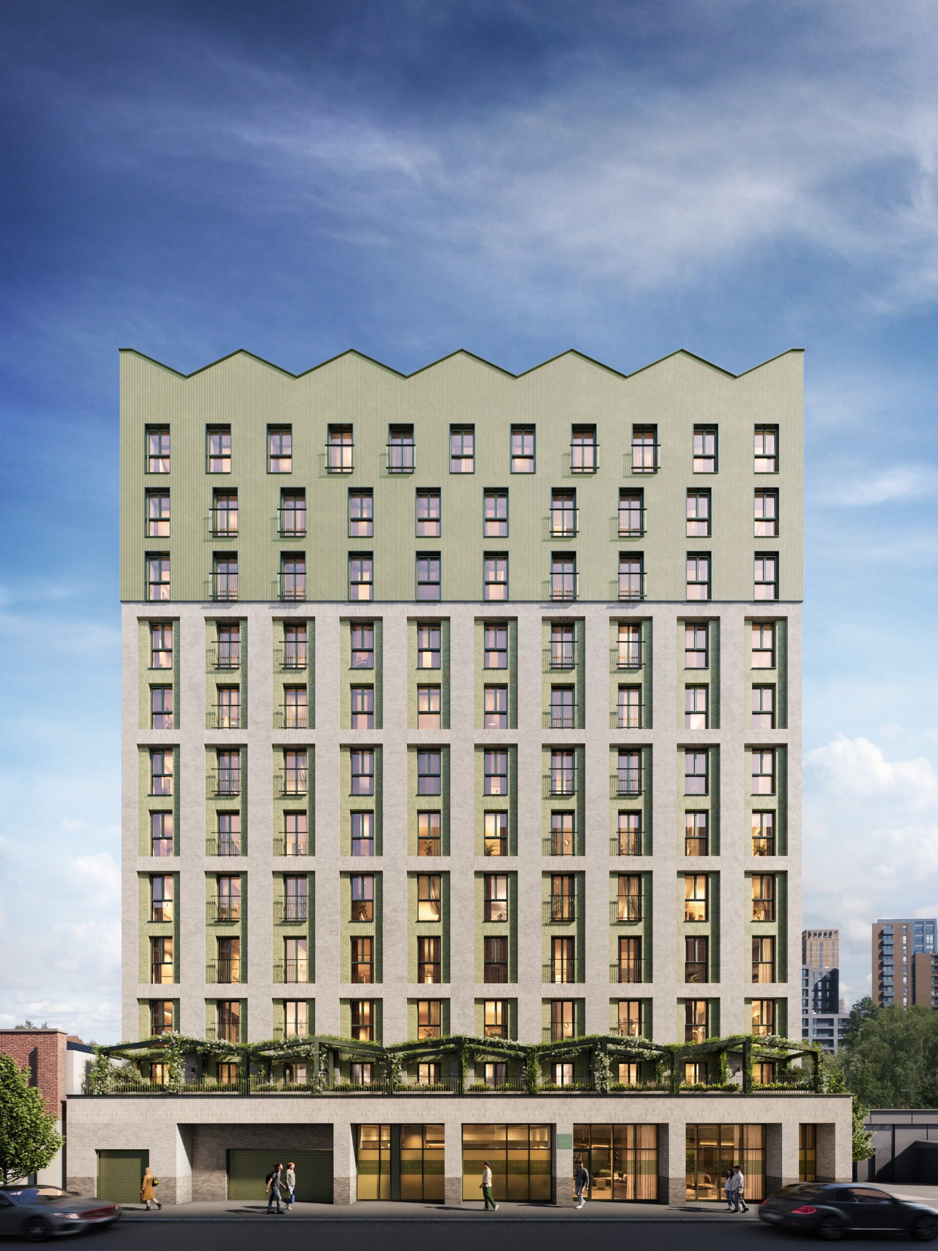 Photorealistic architectural CGI of a modern residential development with contemporary brick façade, podium gardens and commercial ground floor units.