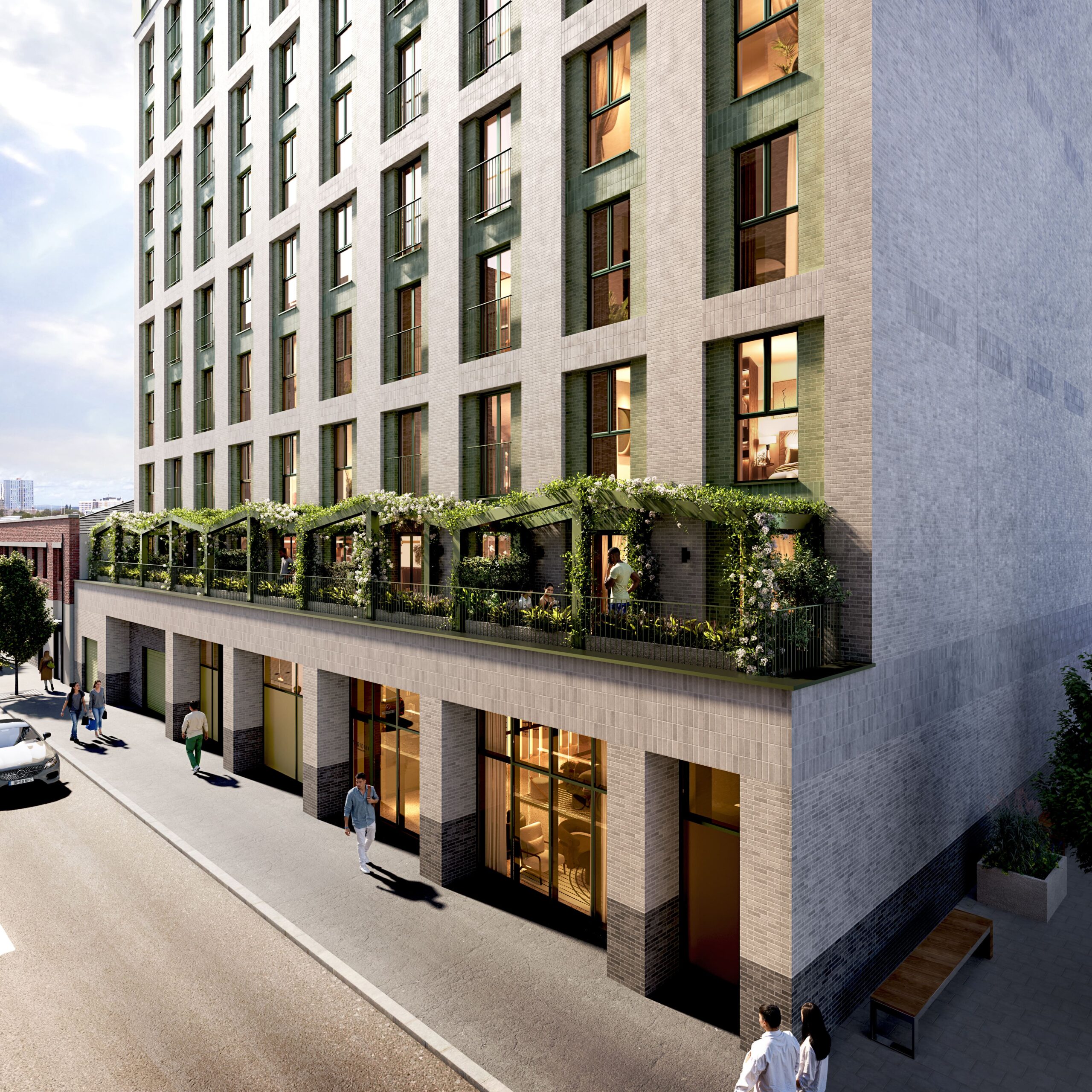 Photorealistic CGI highlighting the landscaped podium terrace, private resident terraces and architectural detailing of a contemporary apartment development.