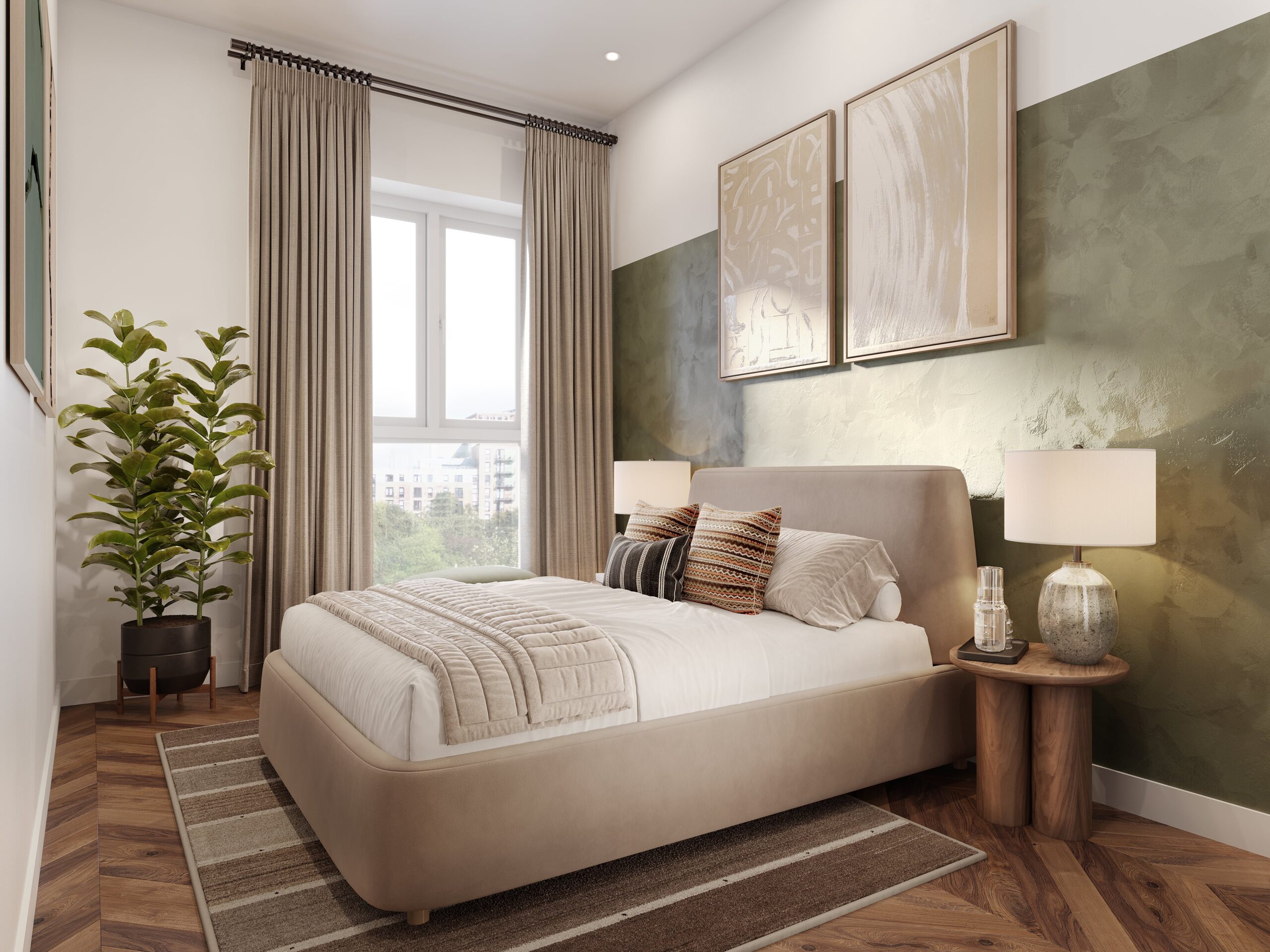 CGI of a contemporary bedroom at Viridian Salford featuring a textured green feature wall, upholstered bed and warm timber flooring.