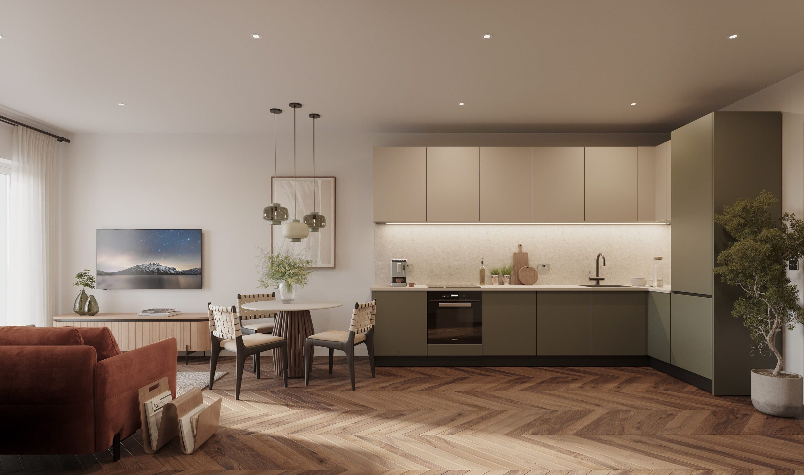 CGI of an open-plan apartment at Viridian Salford featuring a modern kitchen, dining area and contemporary living space.