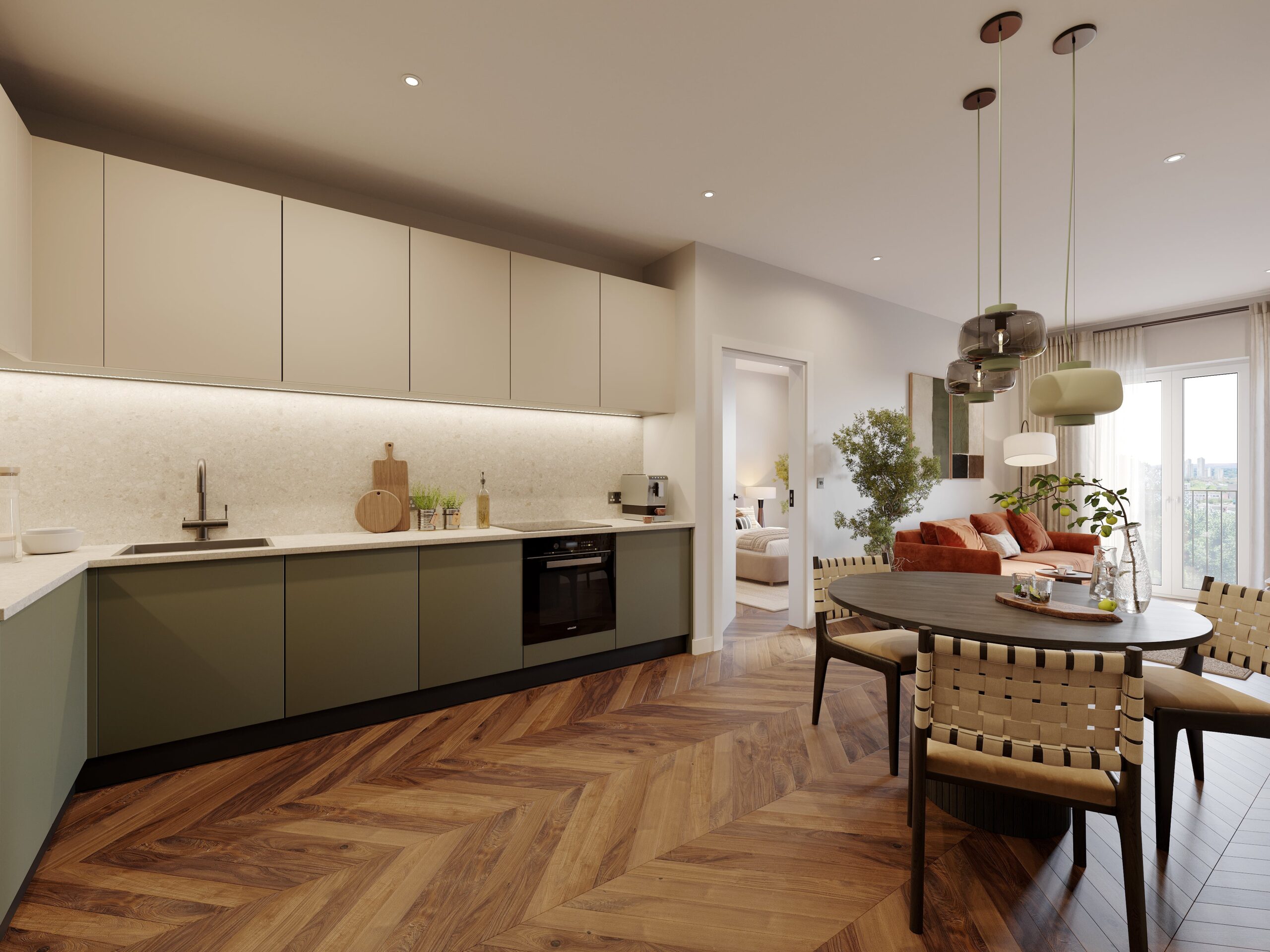 CGI of a Viridian Salford apartment showing the kitchen, dining area and lounge with contemporary interior styling.