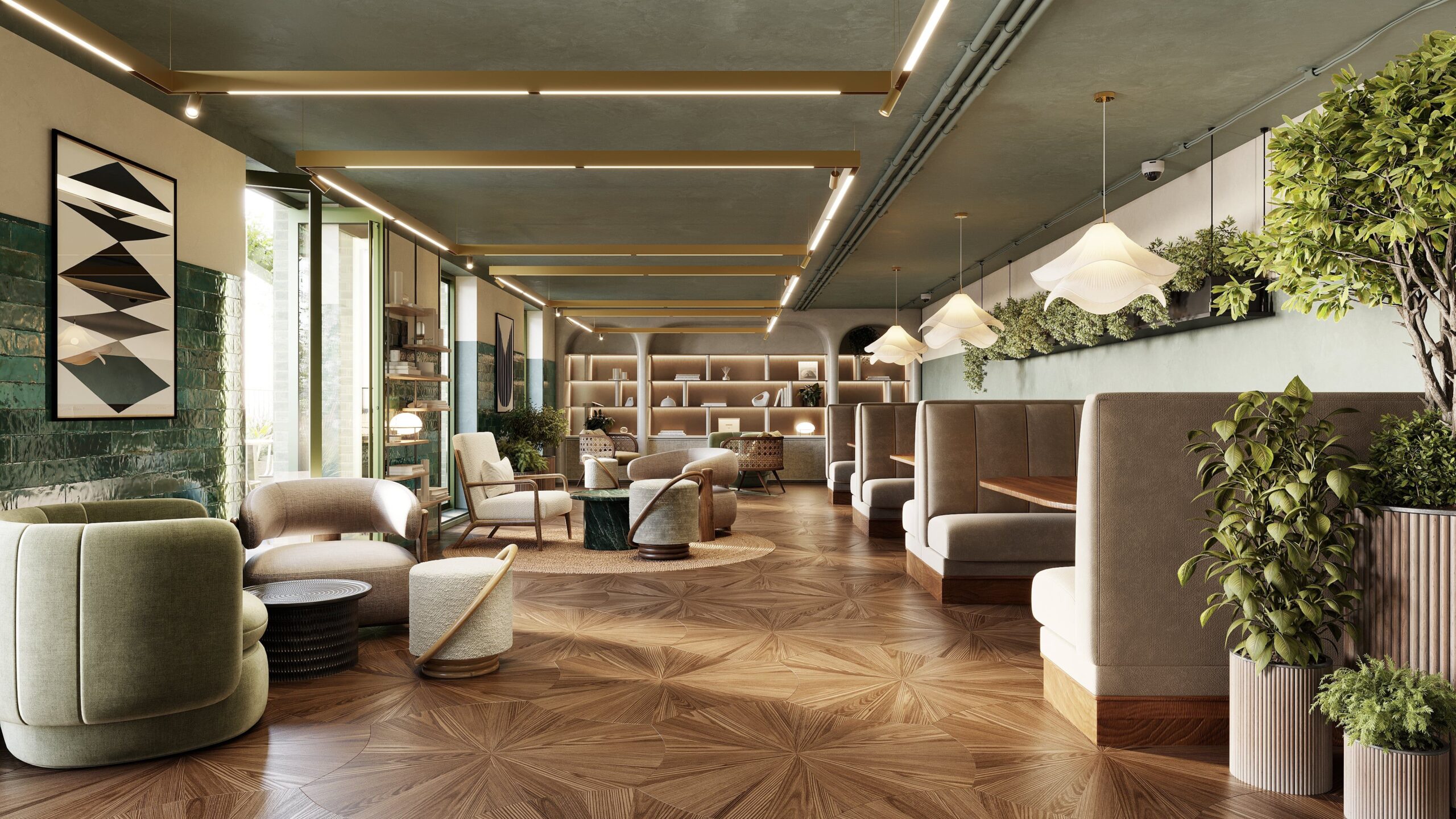 Photorealistic CGI of a luxury residents' lounge in a Manchester apartment development, featuring contemporary seating, bespoke lighting, natural materials, greenery and premium communal amenity space.