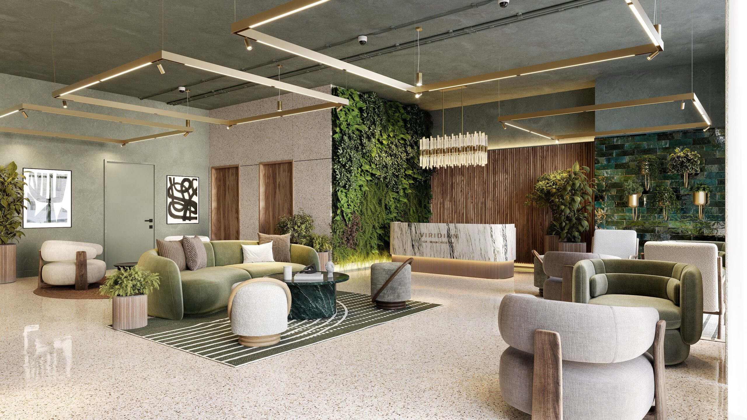 CGI of the reception lobby at Viridian Salford featuring a concierge desk, biophilic design and premium resident lounge.