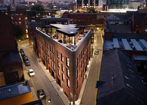 Exterior Aerial CGI dusk view of The 8, a red-brick residential building with a rooftop terrace in Manchester city centre.
