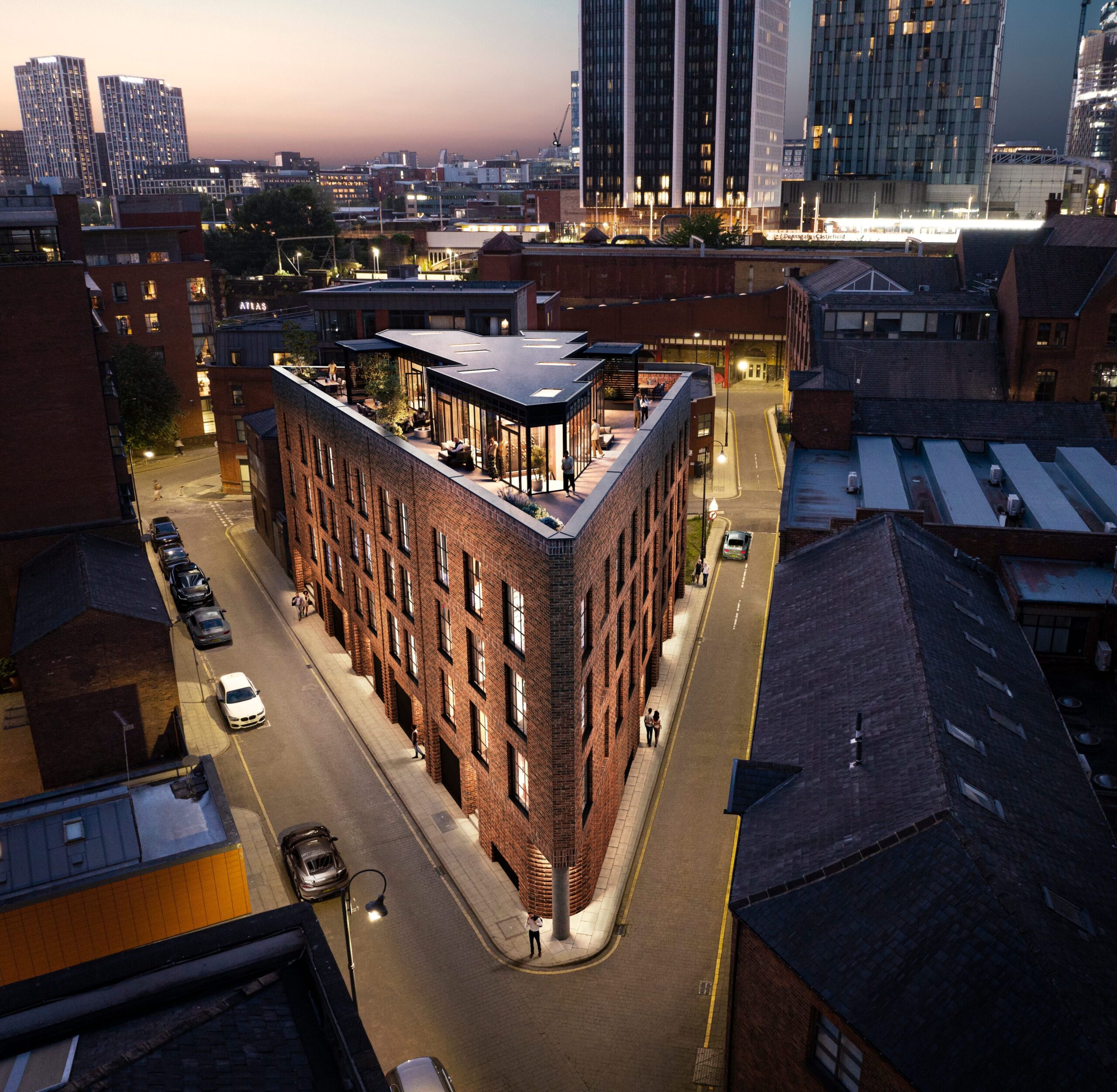 Exterior Aerial CGI dusk view of The 8, a red-brick residential building with a rooftop terrace in Manchester city centre.