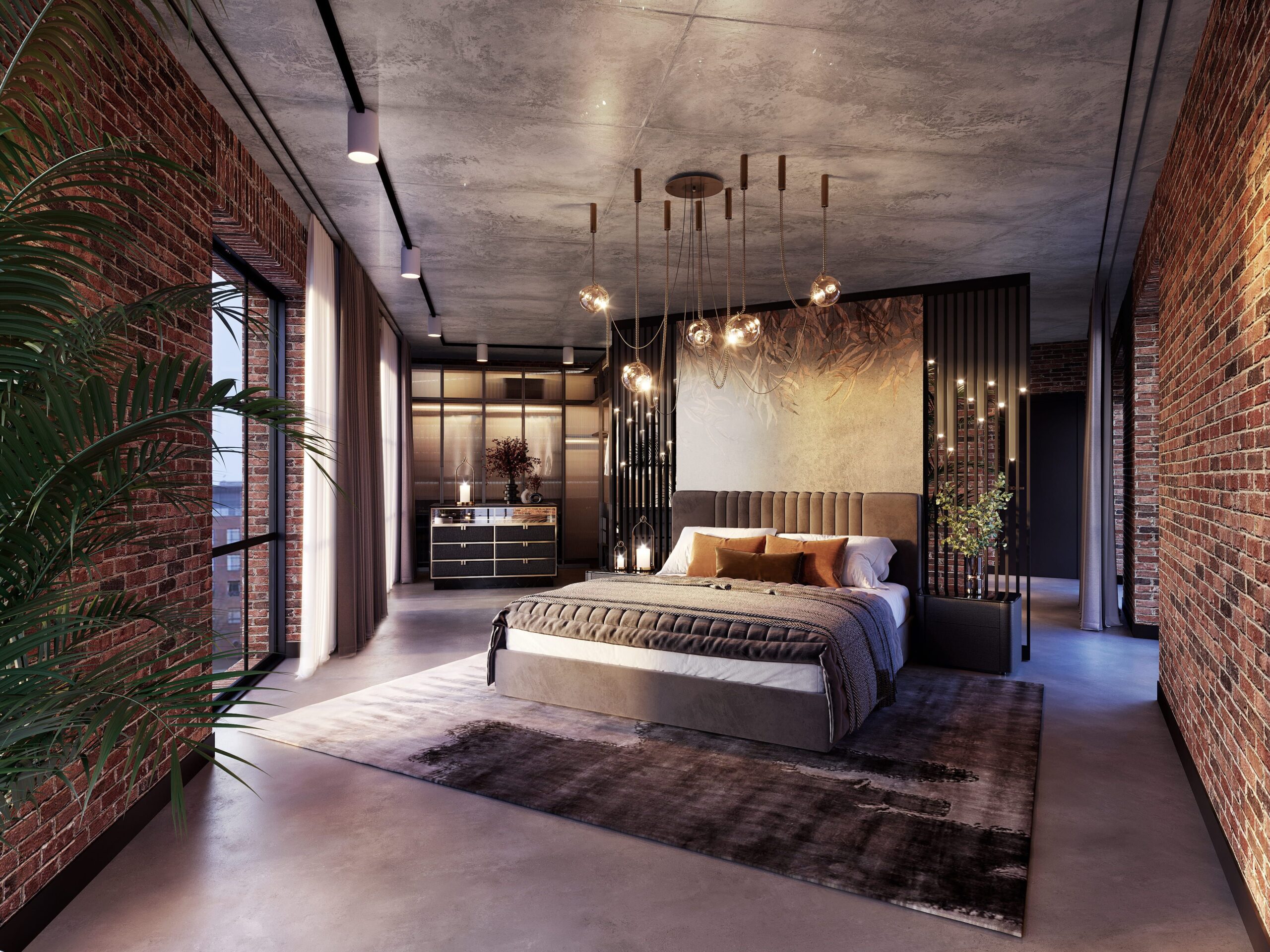Interior CGI of Luxury bedroom at The 8 featuring exposed brick walls, floor-to-ceiling windows and contemporary pendant lighting.