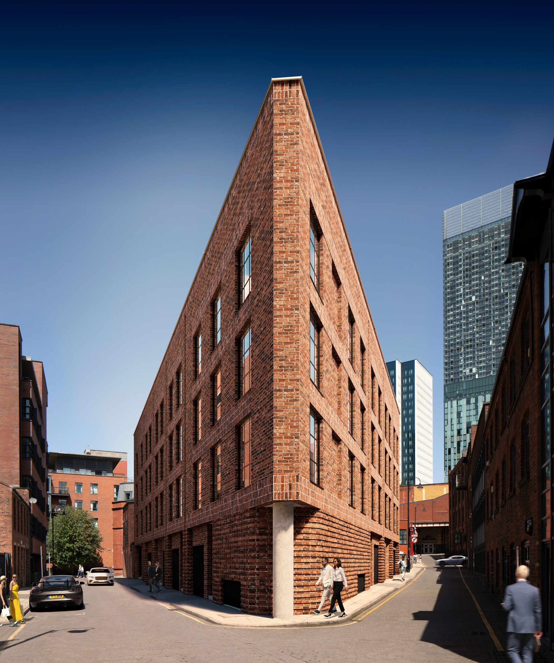 Exterior CGI Street-level view of The 8, a distinctive red-brick residential building with a sharp corner façade in Manchester.
