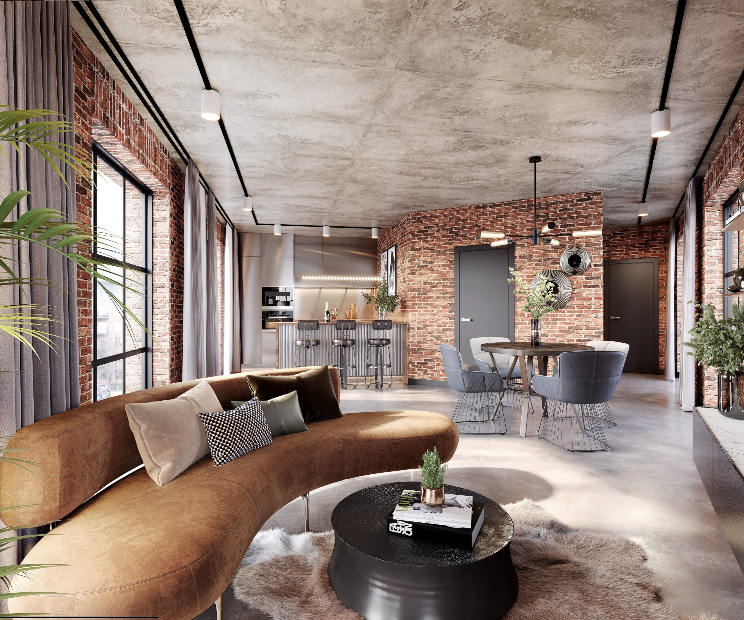 Interior CGI of an Open-plan apartment interior at The 8 with exposed brick walls, curved sofa, dining area and modern kitchen.