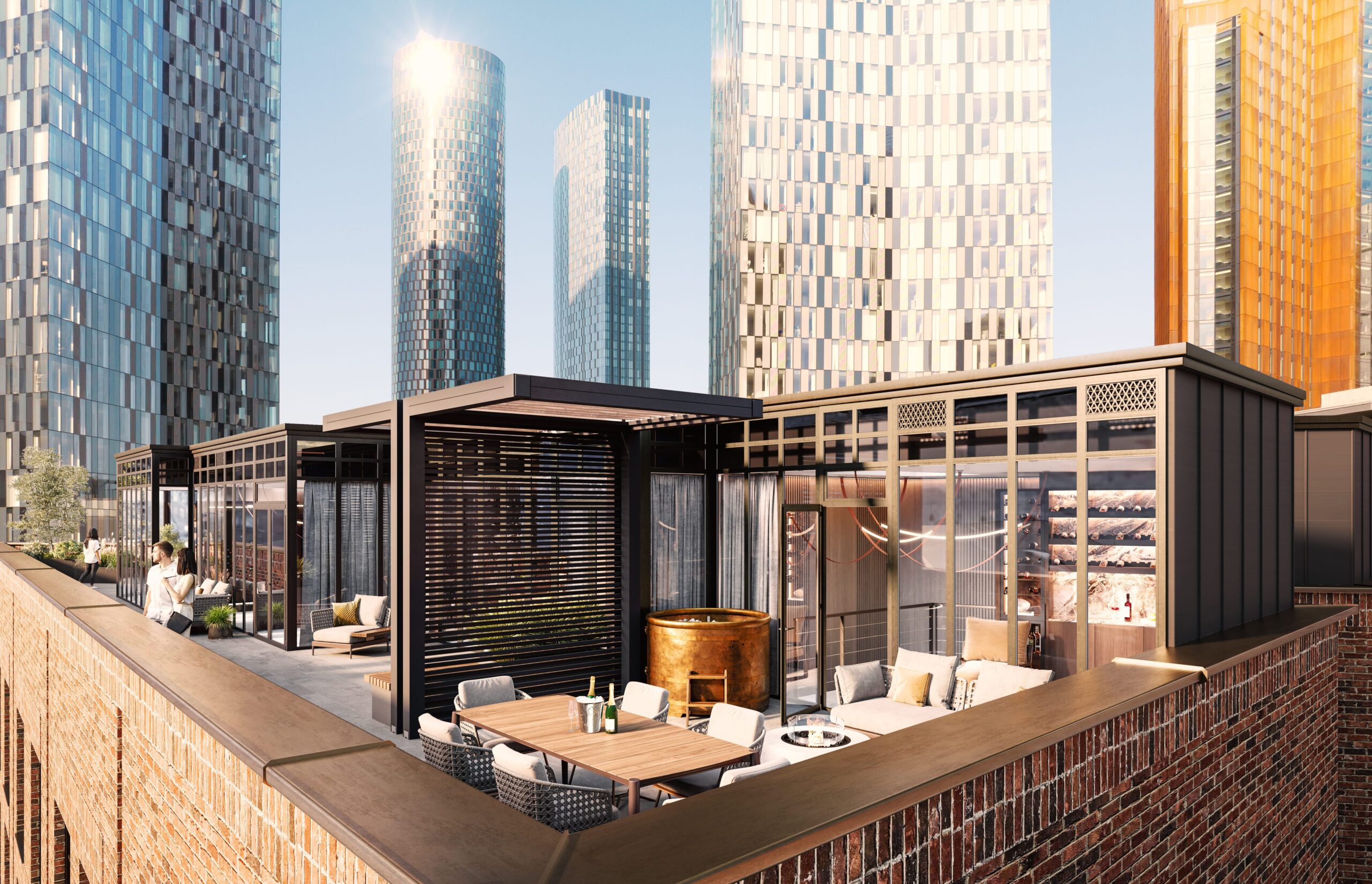 Exterior CGI of a Private rooftop terrace at The 8 with outdoor dining, lounge seating and views of Manchester’s modern skyline.