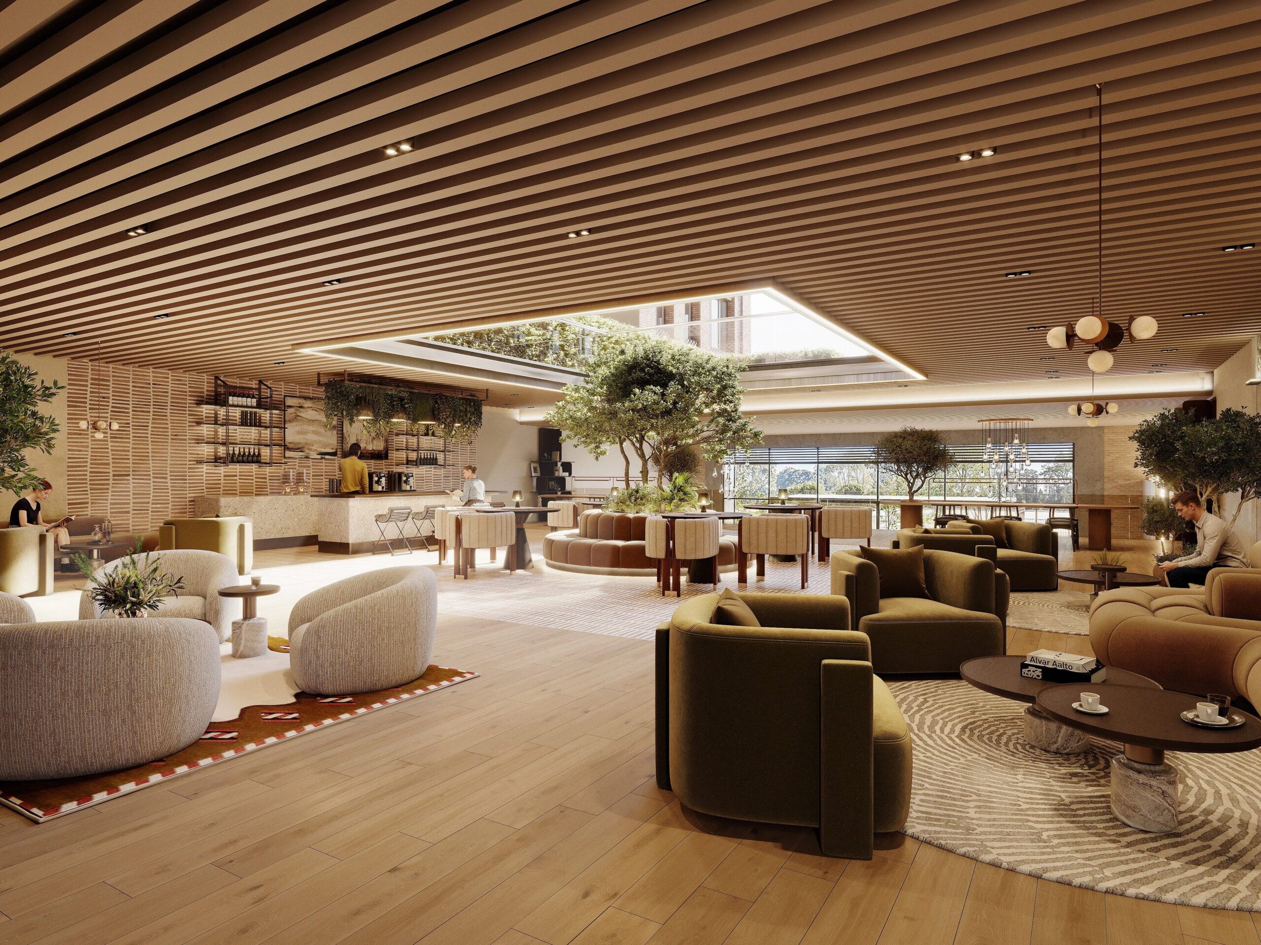 Interior CGI of a spacious residents’ lounge with contemporary seating, café bar, indoor trees and warm modern interiors.