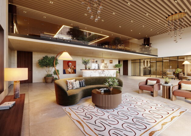Interior CGI of The Forge reception with curved seating, marble desk and contemporary lighting.