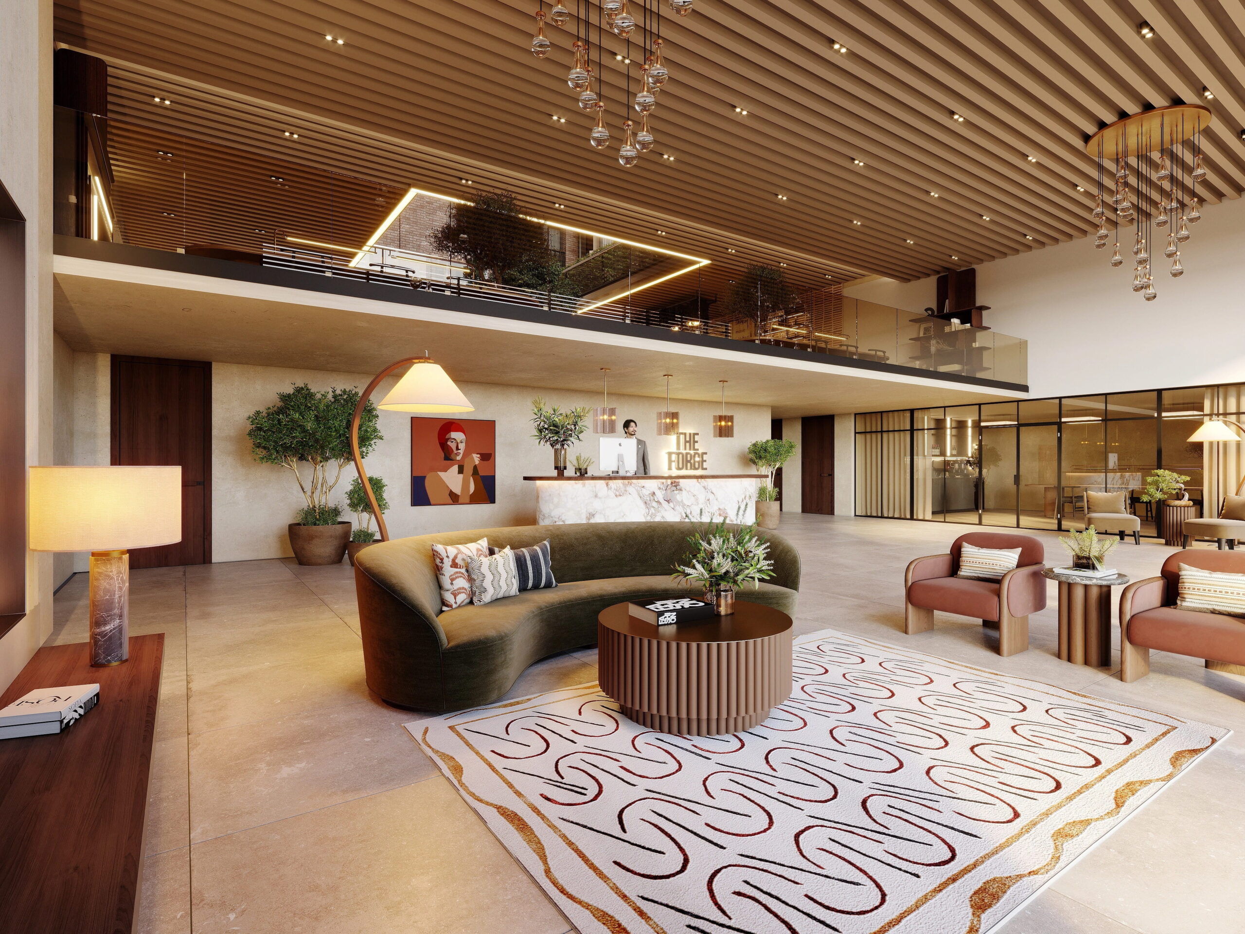 Interior CGI of The Forge reception with curved seating, marble desk and contemporary lighting.