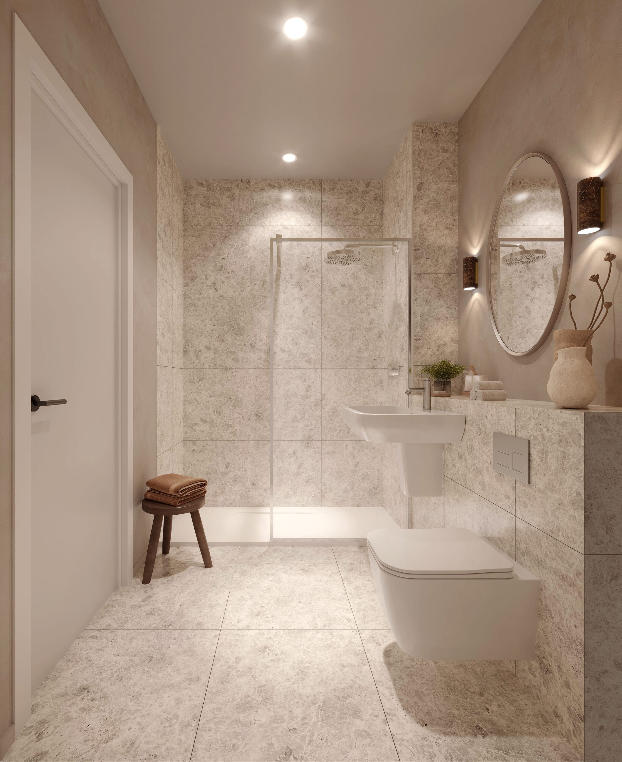 Interior CGI of a modern bathroom at The Forge with stone-effect finishes, walk-in shower and wall-mounted fittings.