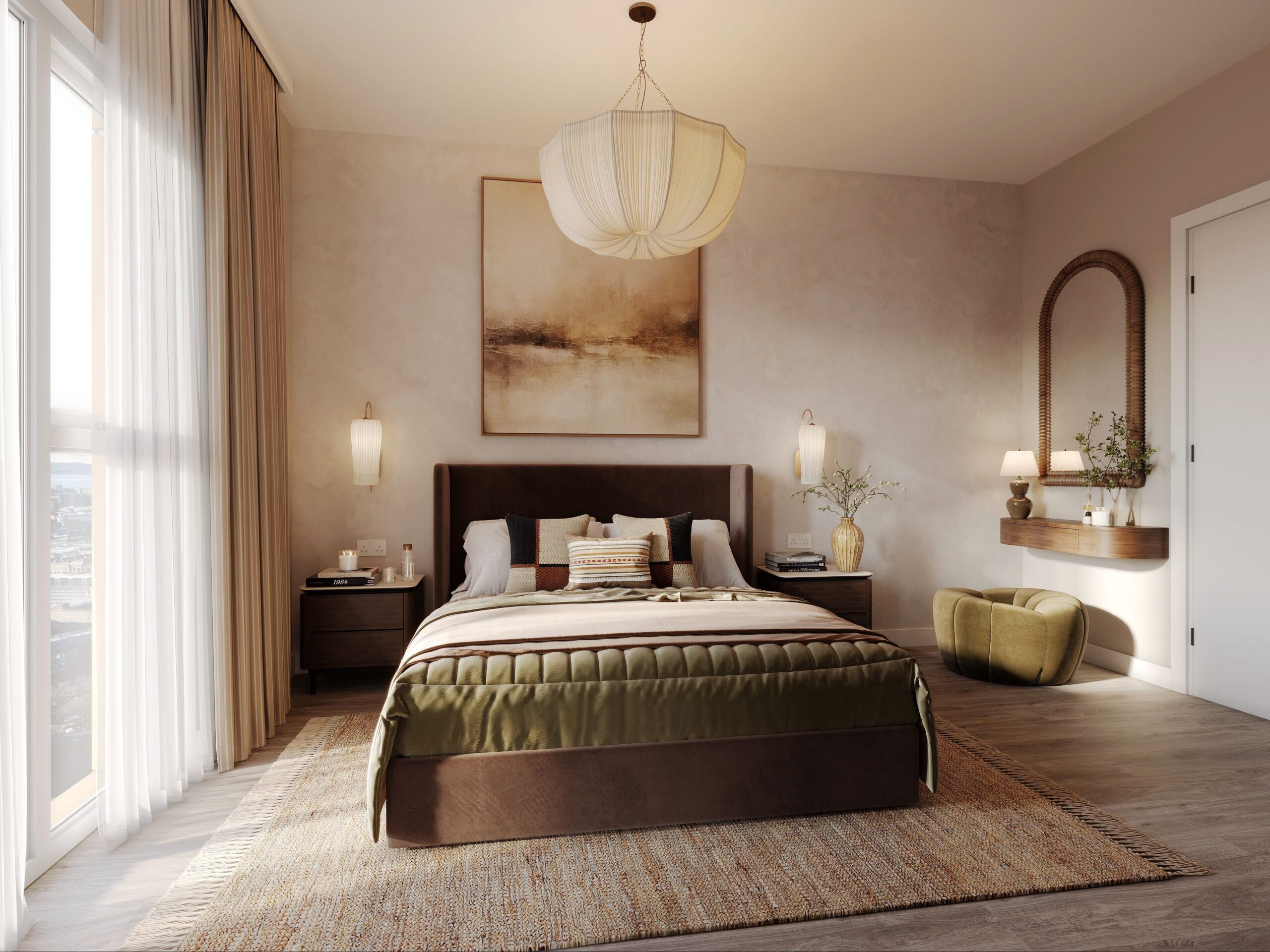 Interior CGI of a contemporary bedroom at The Forge with floor-to-ceiling windows, warm neutral décor and soft furnishings.