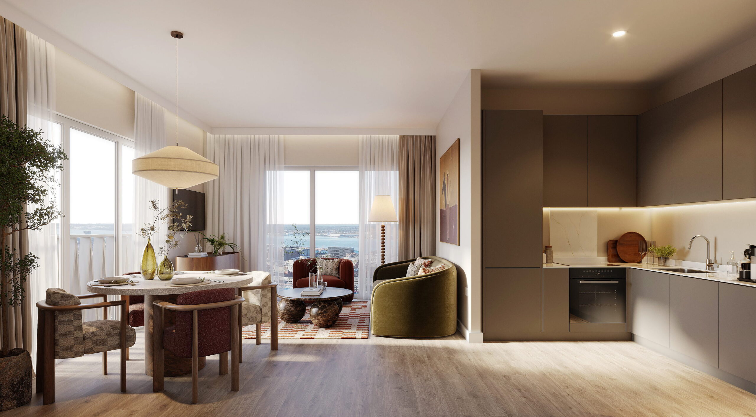 Interior CGI of an open-plan apartment at The Forge with modern kitchen, dining area, lounge seating and city views.