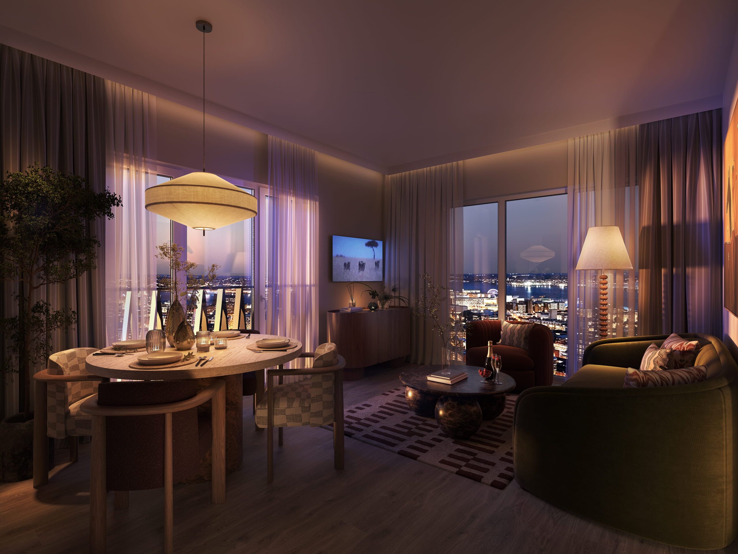 Interior CGI of a furnished living and dining area at The Forge at dusk, with floor-to-ceiling windows and city views.