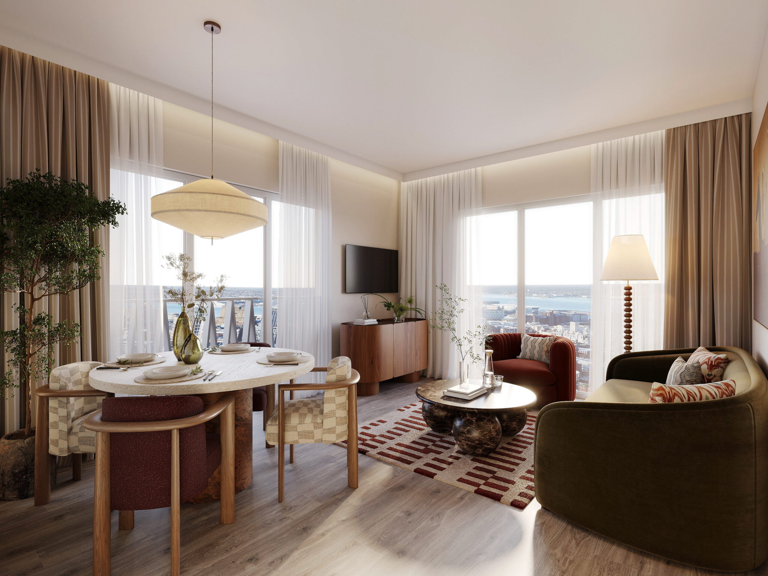 Interior CGI of a bright living and dining area at The Forge with contemporary furniture, large windows and elevated views.