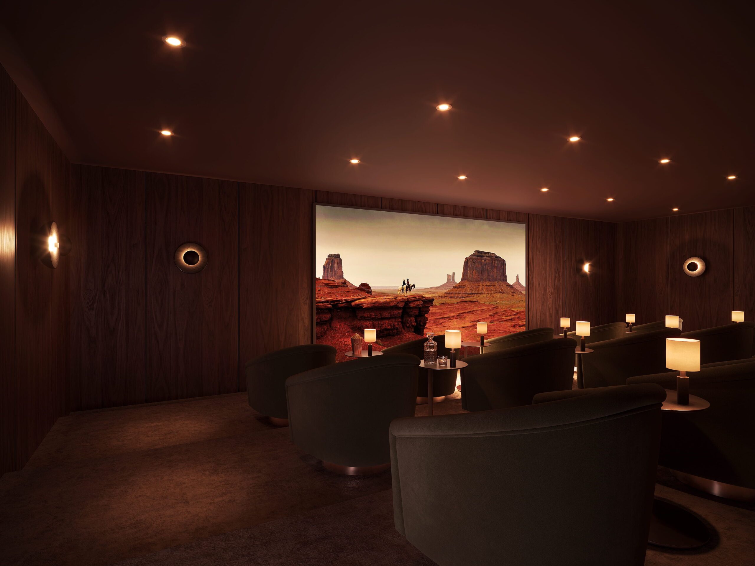 Interior CGI of The Forge private cinema with tiered lounge seating, ambient lighting and a large projection screen.
