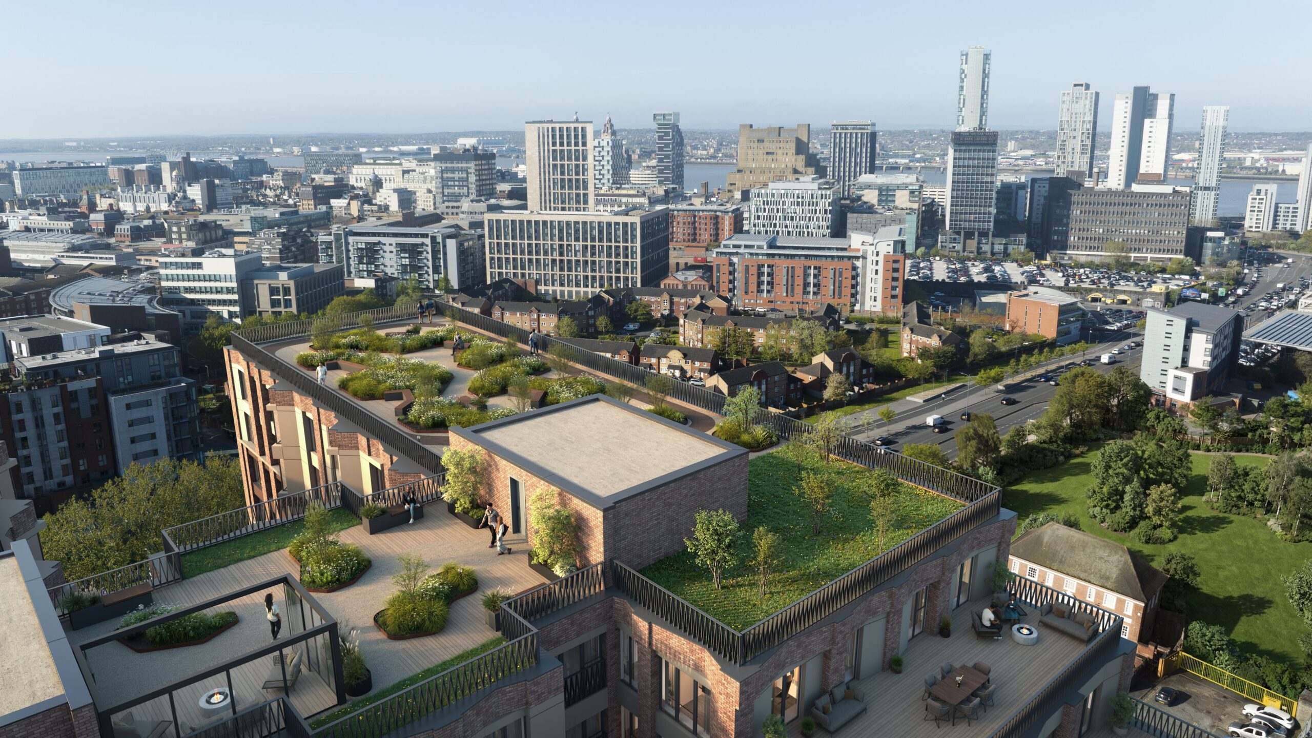Aerial CGI of The Forge in Liverpool, showing landscaped rooftop terraces and gardens overlooking the city skyline.