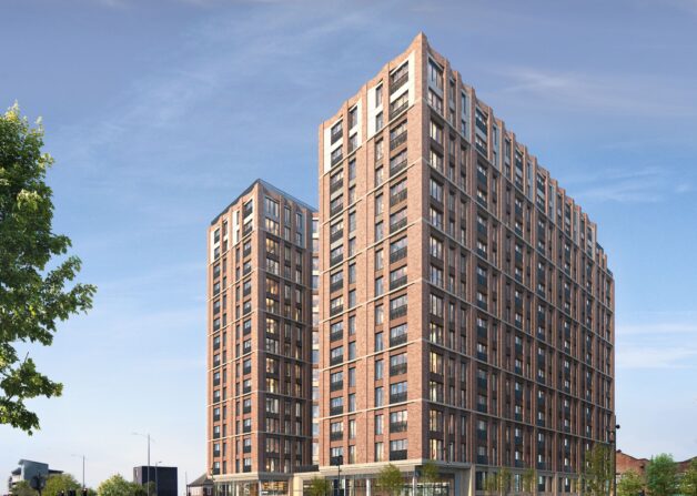 Exterior CGI of The Forge in Liverpool, showing the red-brick residential towers from a landscaped city street.