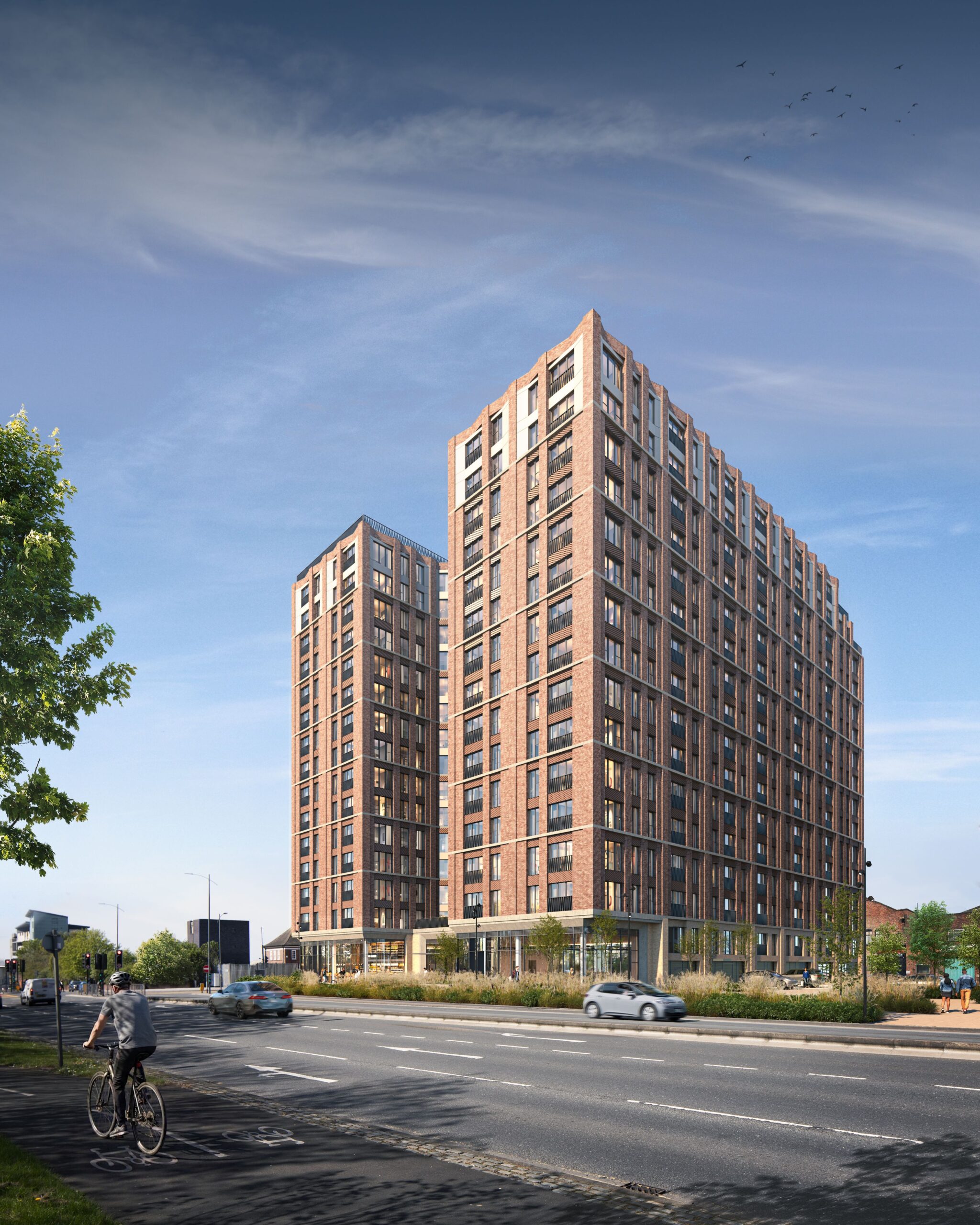 Exterior CGI of The Forge in Liverpool, showing the red-brick residential towers from a landscaped city street.