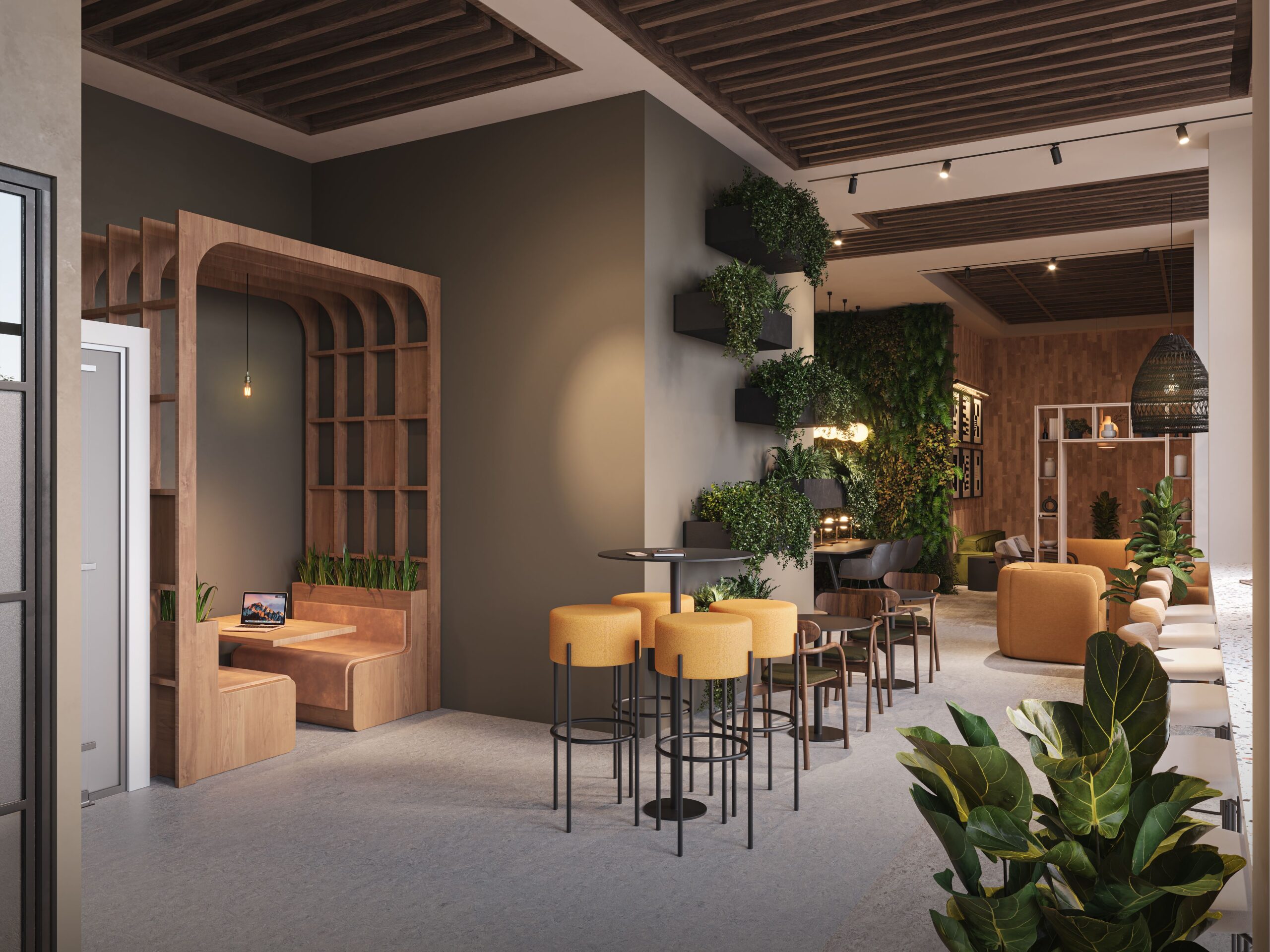 CGI of the co-working lounge at Vivere Residences with collaborative workspaces, booth seating and biophilic interior design.