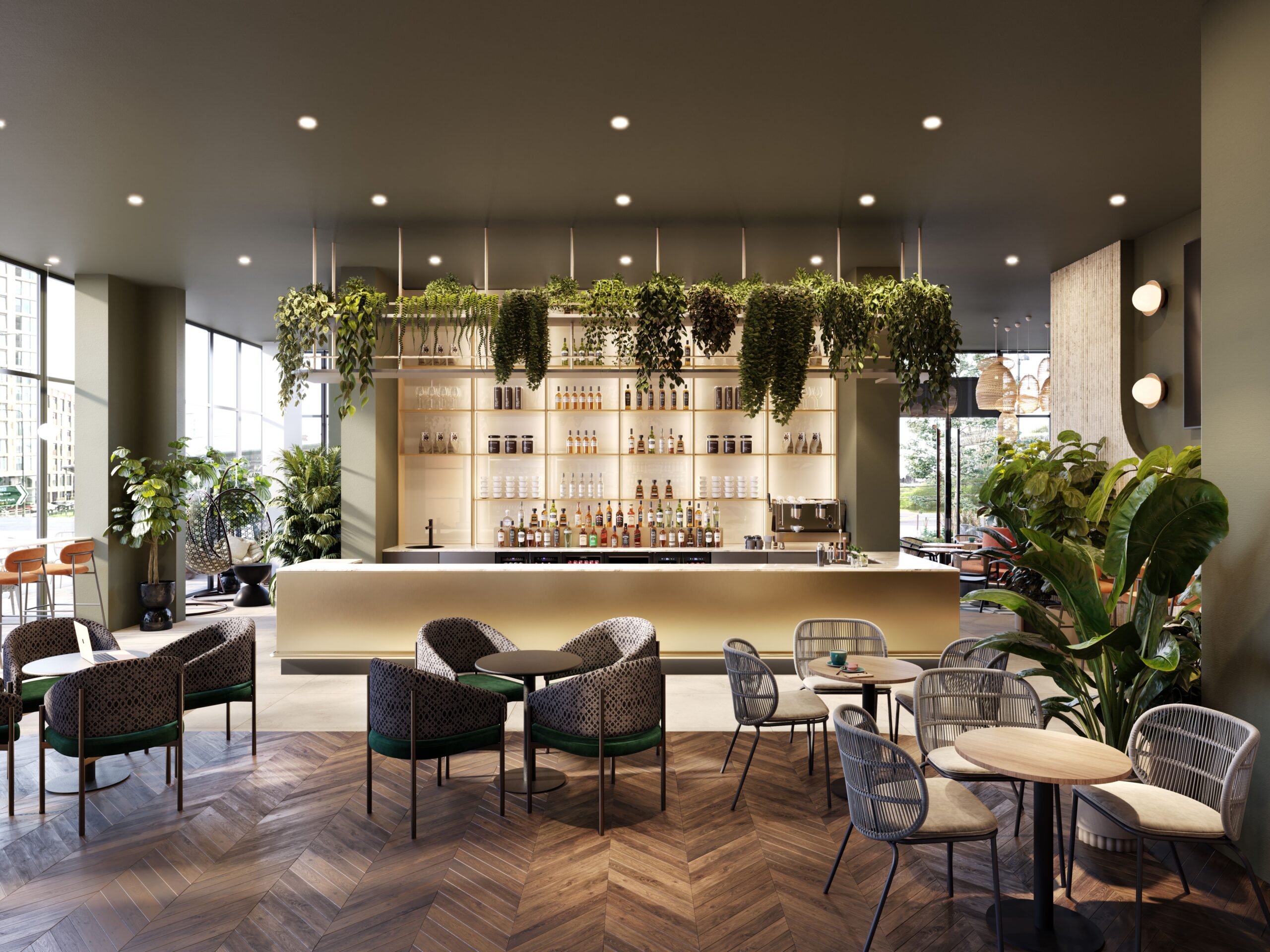 CGI of the residents' coffee bar at Vivere Residences featuring contemporary seating, planting and a modern café-style interior.