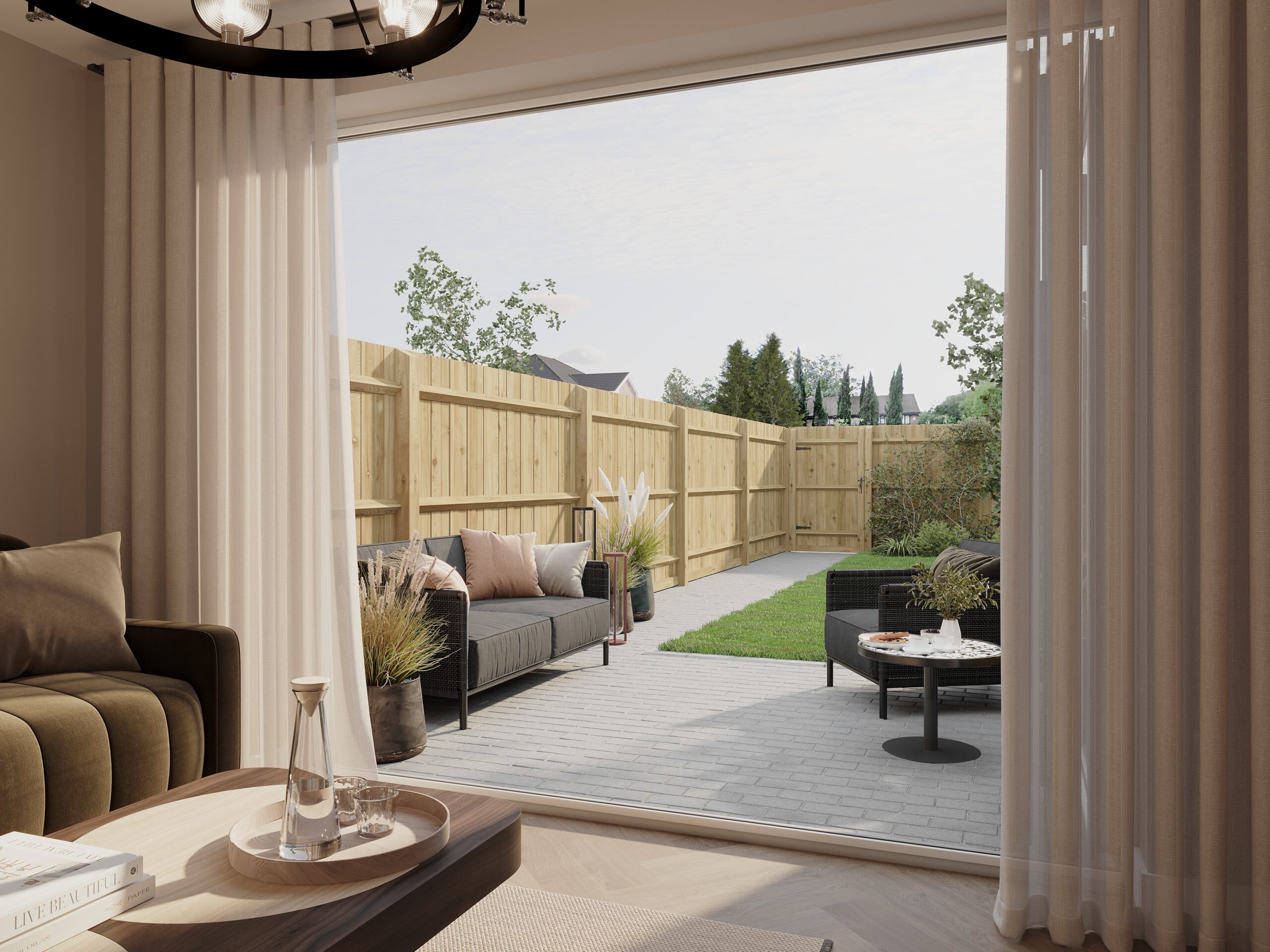 Interior architectural CGI of Empress Court, showing a contemporary living room opening through full-height glazing onto a landscaped private garden with outdoor seating.