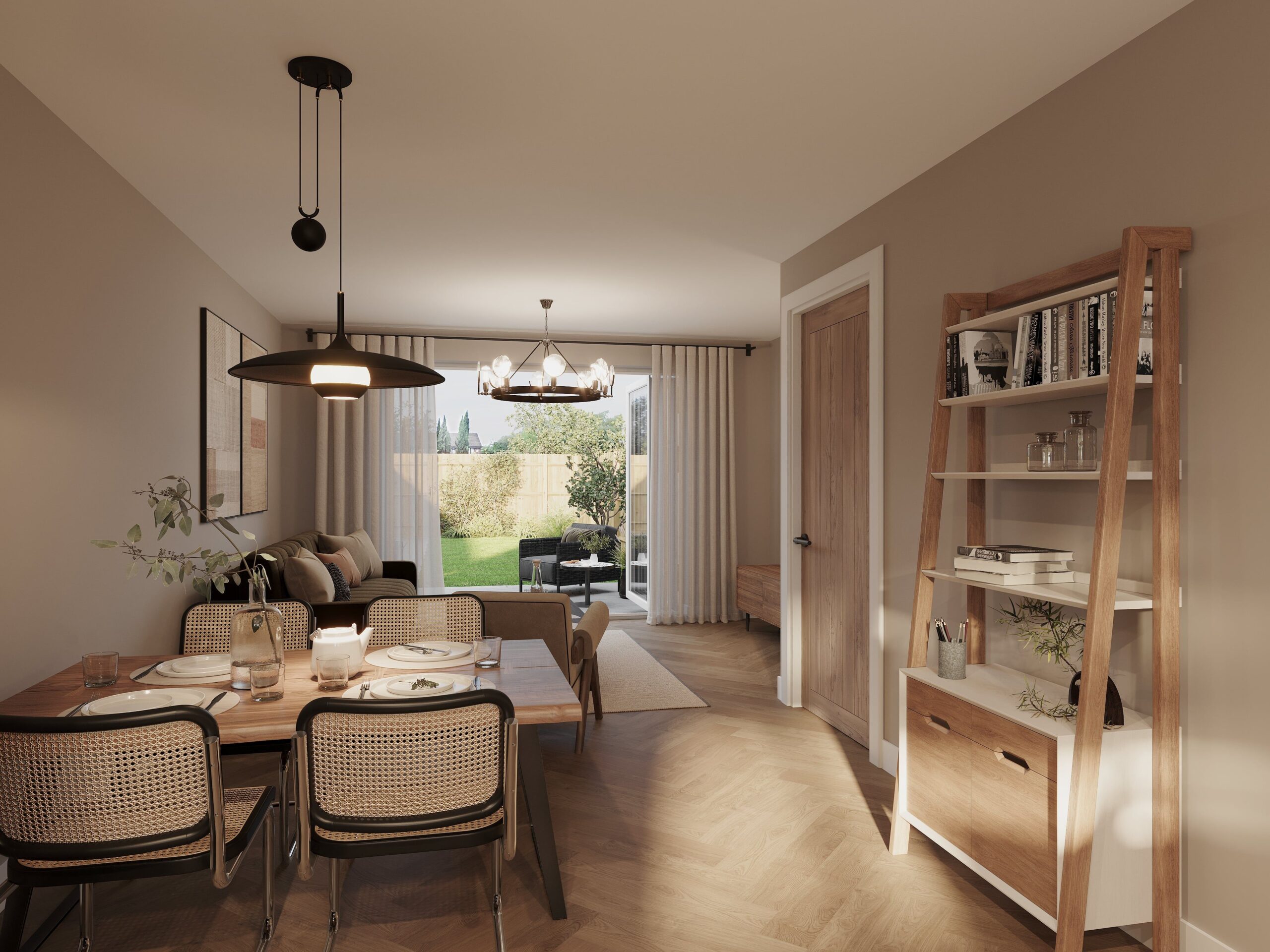 Interior architectural CGI of Empress Court, showing an open-plan dining and living area with warm timber finishes, contemporary furniture and doors opening onto the private garden.