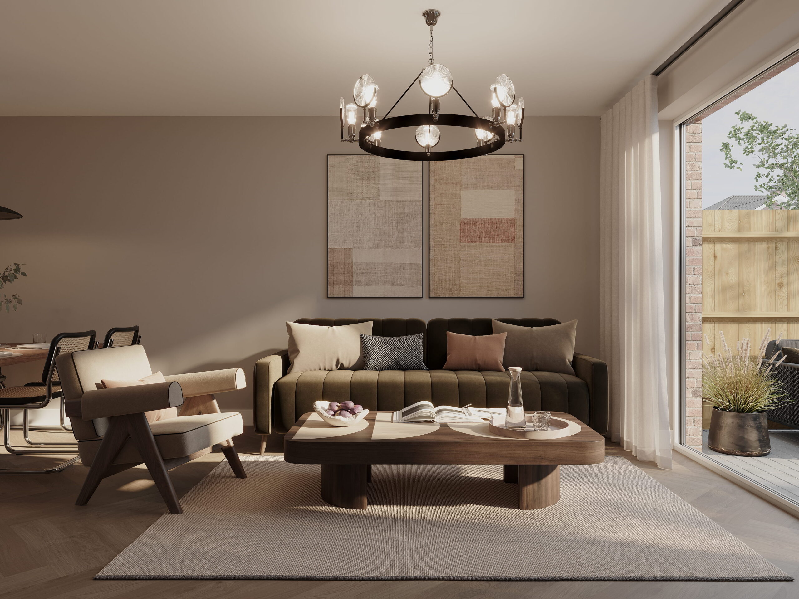 Interior architectural CGI of an Empress Court living room, featuring an olive green sofa, timber coffee table, contemporary armchair and large glazed doors opening onto the garden.
